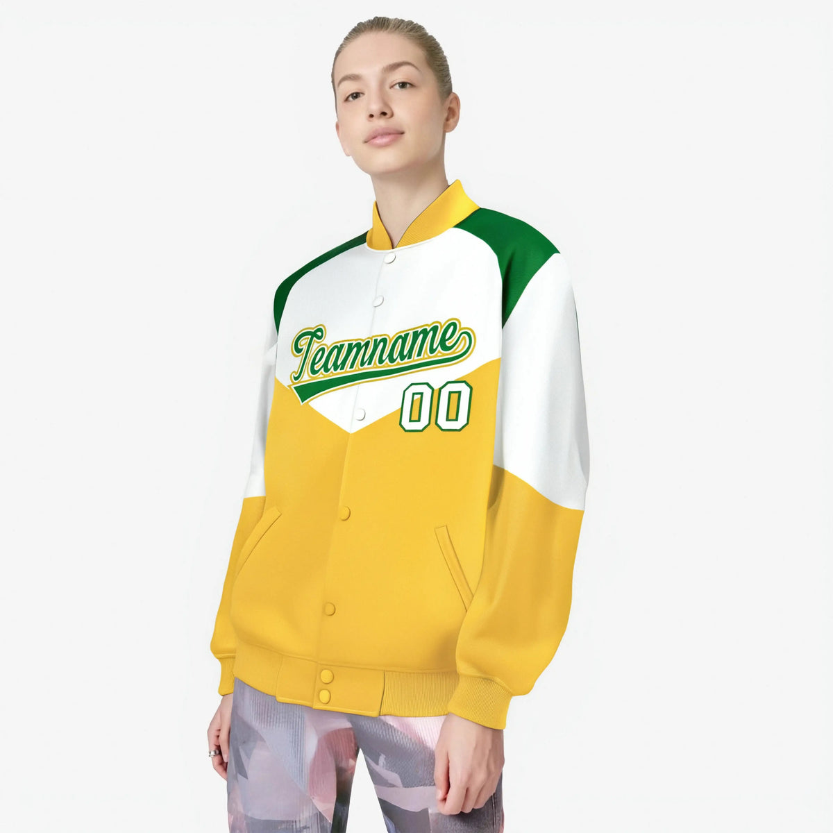 Custom White Gold-Kelly Green Varsity Full-Snap Color Block Letterman Jacket