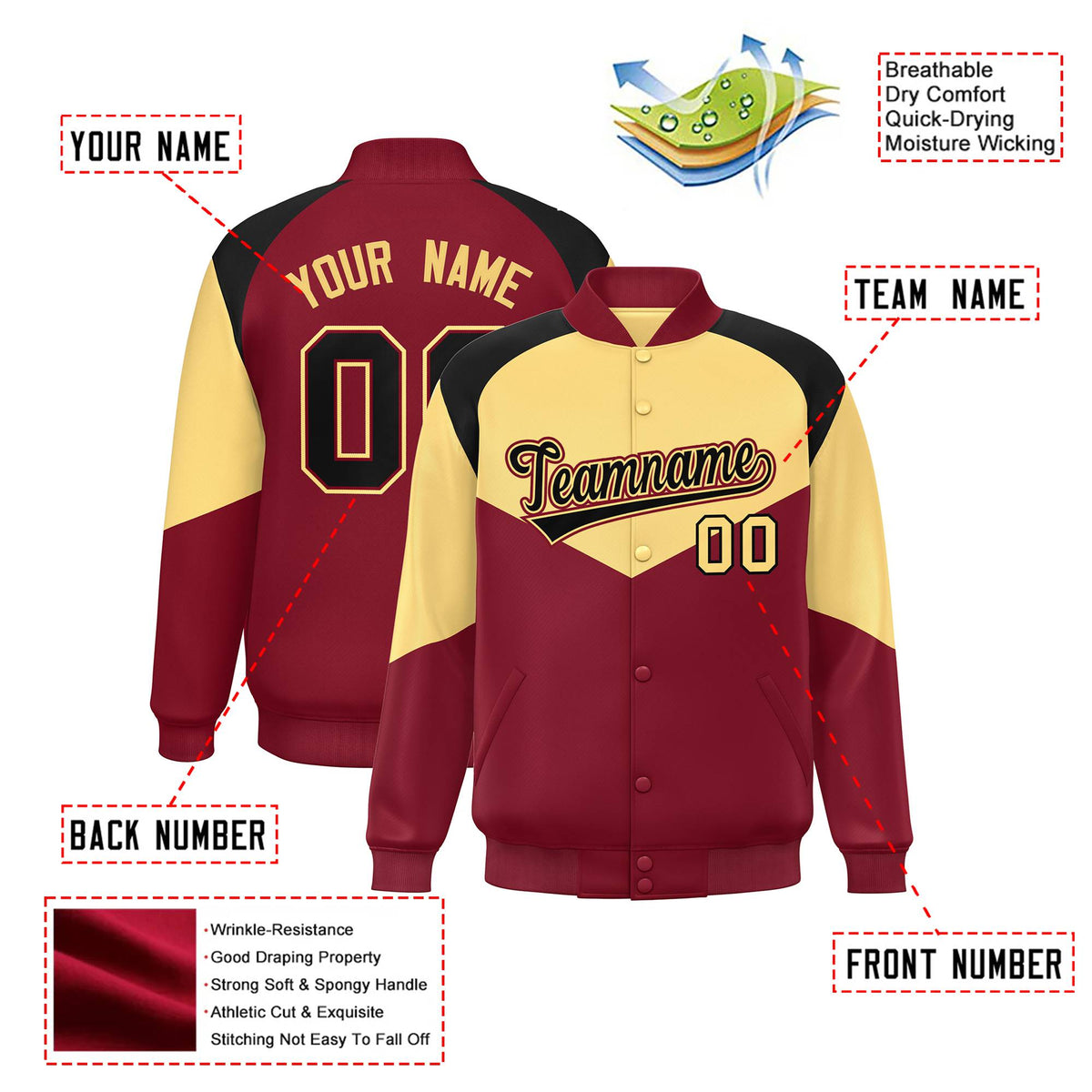 Custom Khaki Crimson-Black Varsity Full-Snap Color Block Letterman Jacket