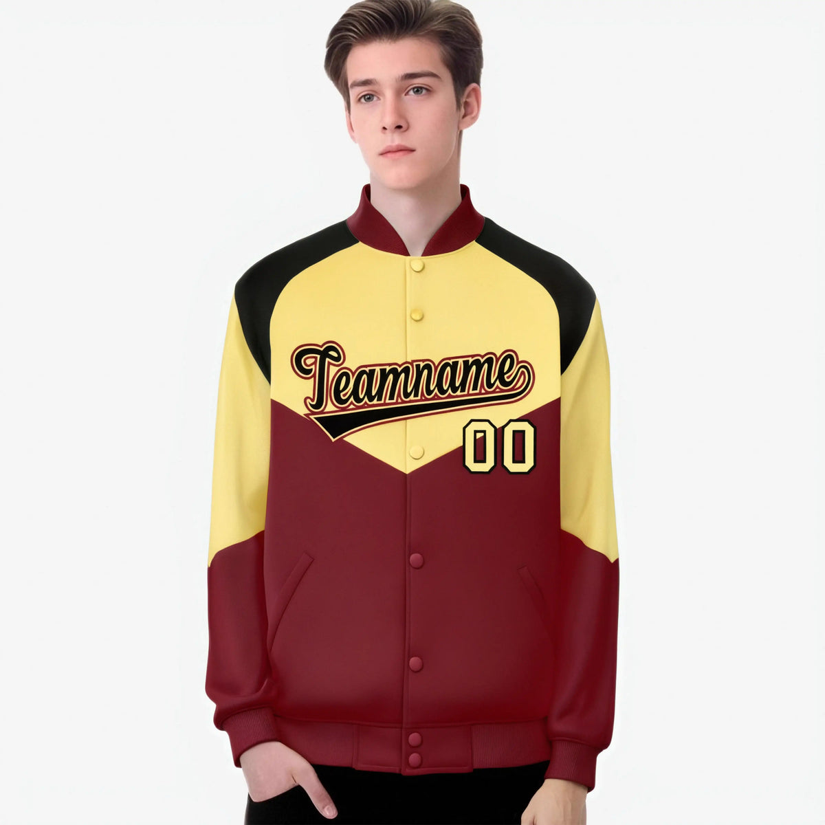 Custom Khaki Crimson-Black Varsity Full-Snap Color Block Letterman Jacket