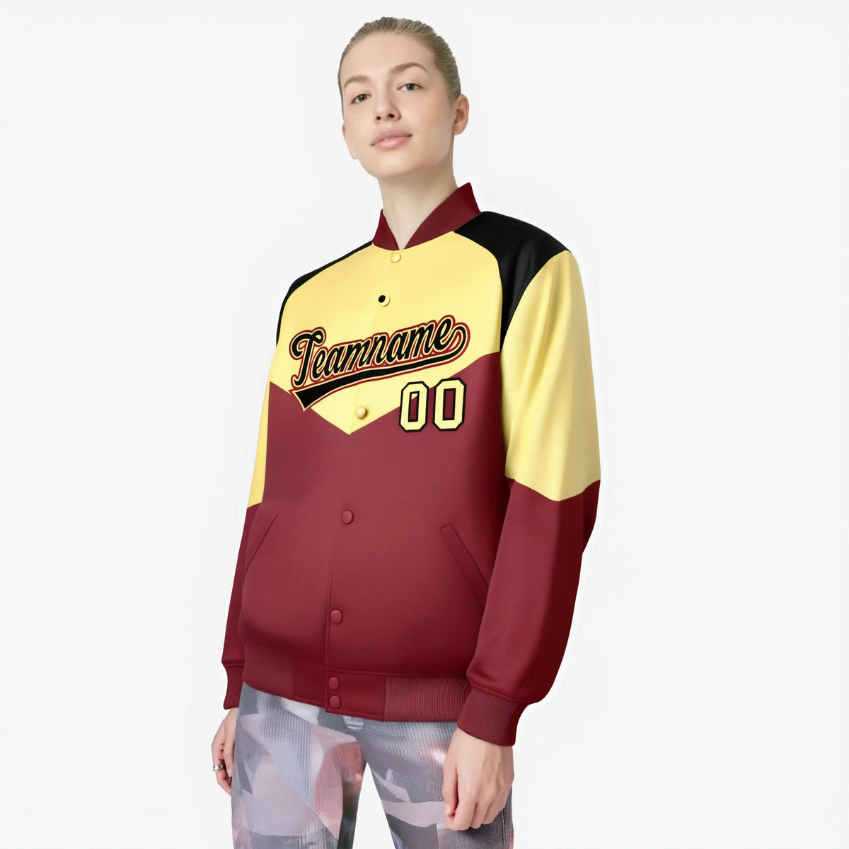 Custom Khaki Crimson-Black Varsity Full-Snap Color Block Letterman Jacket