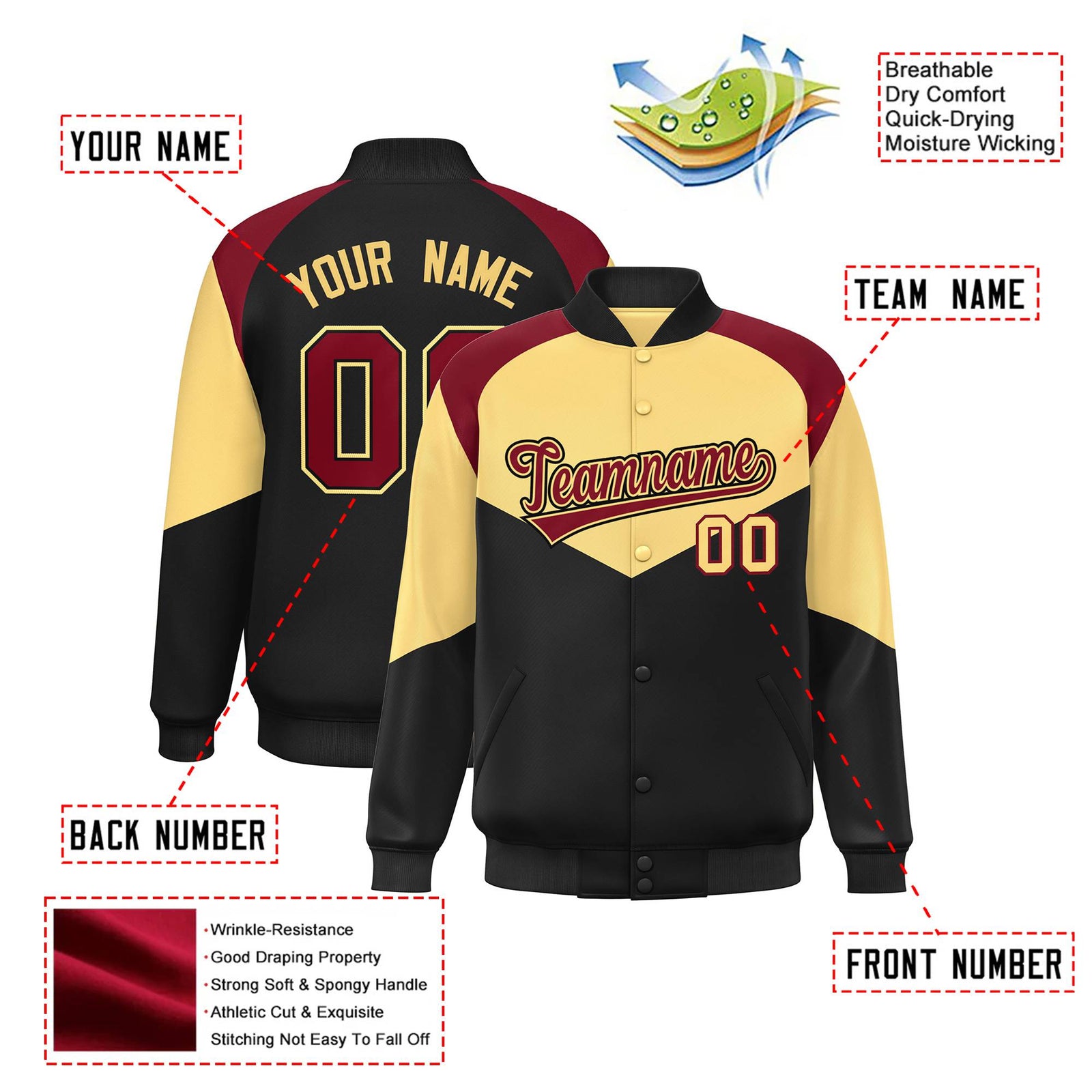 Custom Khaki Black-Crimson Green Varsity Full-Snap Color Block Letterman Jacket