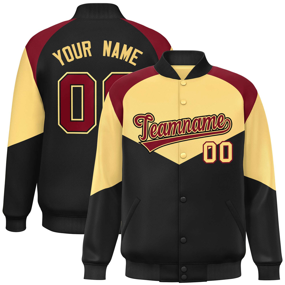 Custom Khaki Black-Crimson Green Varsity Full-Snap Color Block Letterman Jacket
