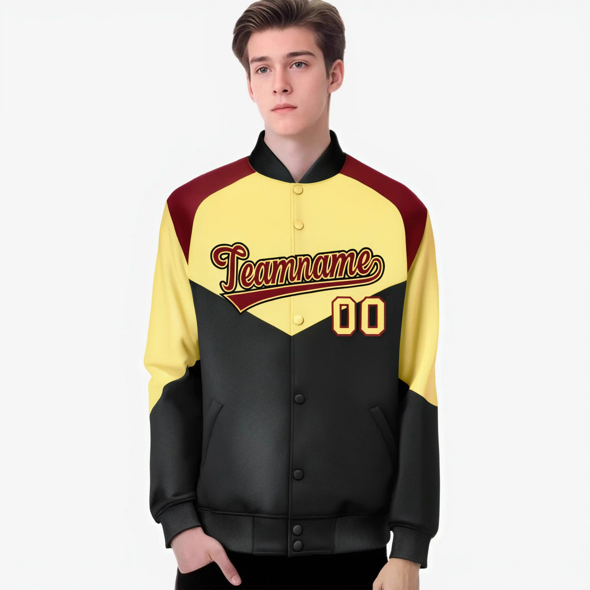 Custom Khaki Black-Crimson Green Varsity Full-Snap Color Block Letterman Jacket