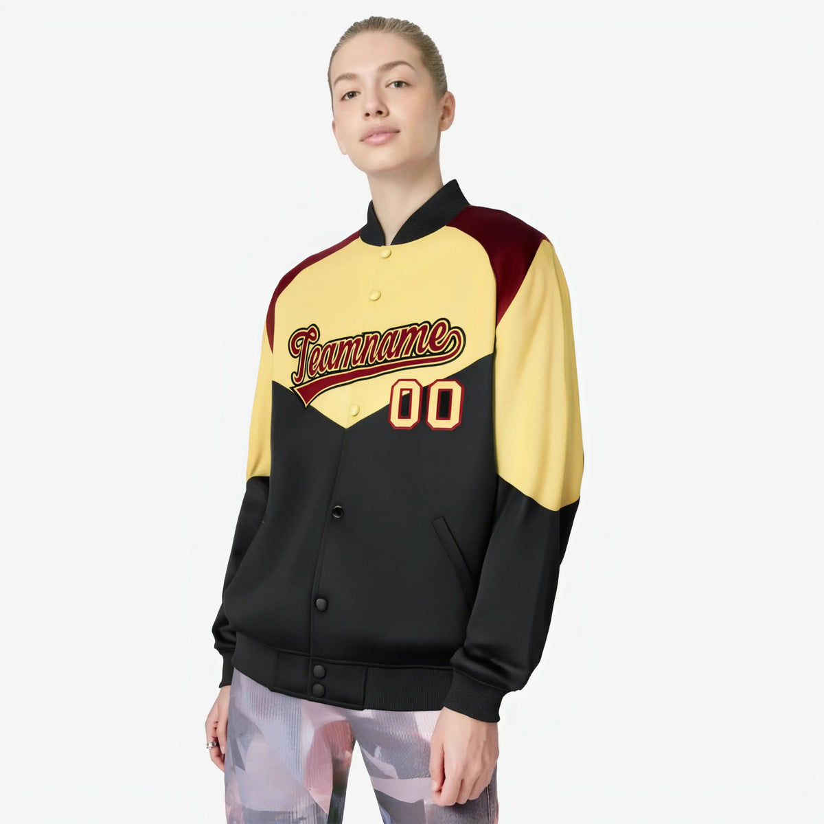 Custom Khaki Black-Crimson Green Varsity Full-Snap Color Block Letterman Jacket