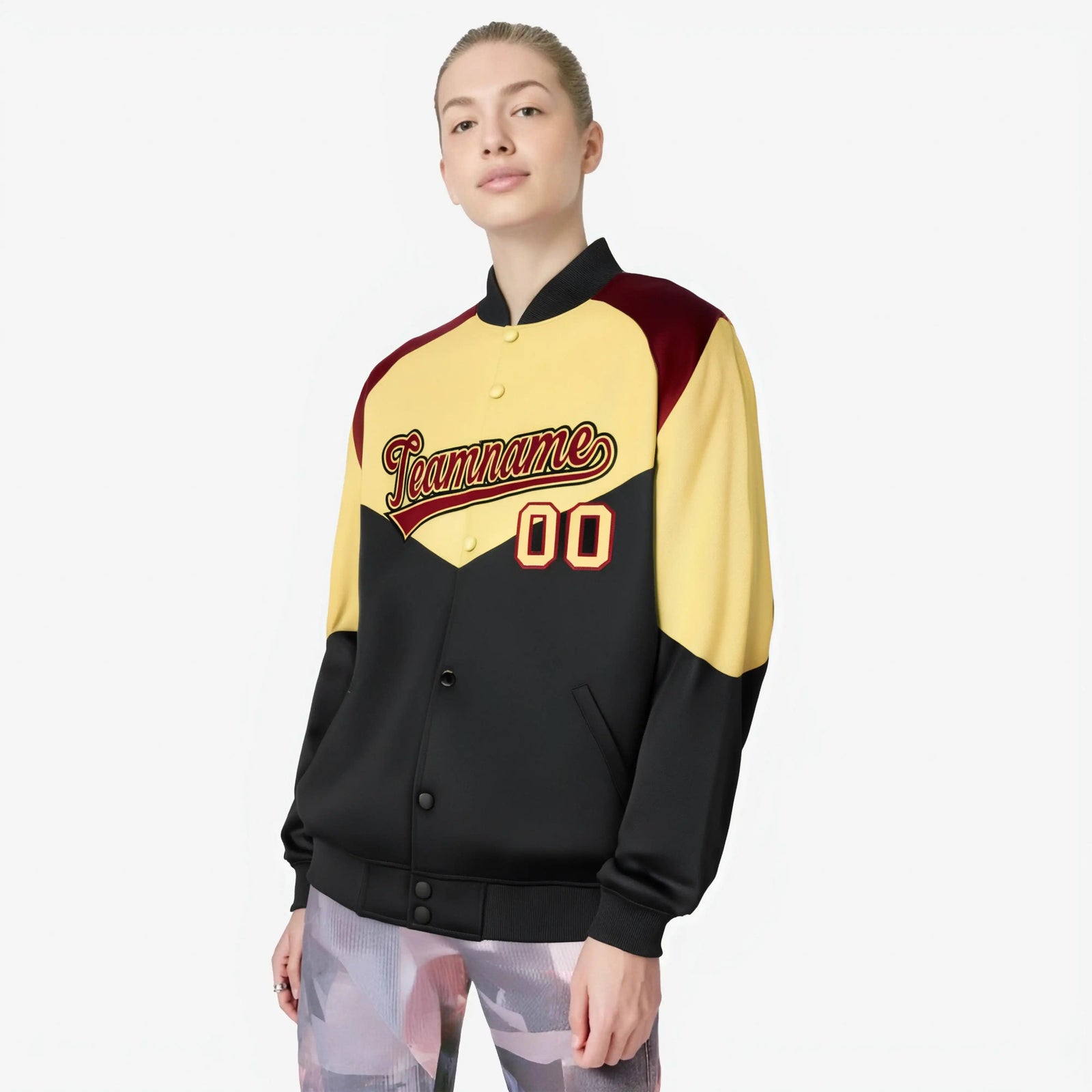 Custom Khaki Black-Crimson Green Varsity Full-Snap Color Block Letterman Jacket