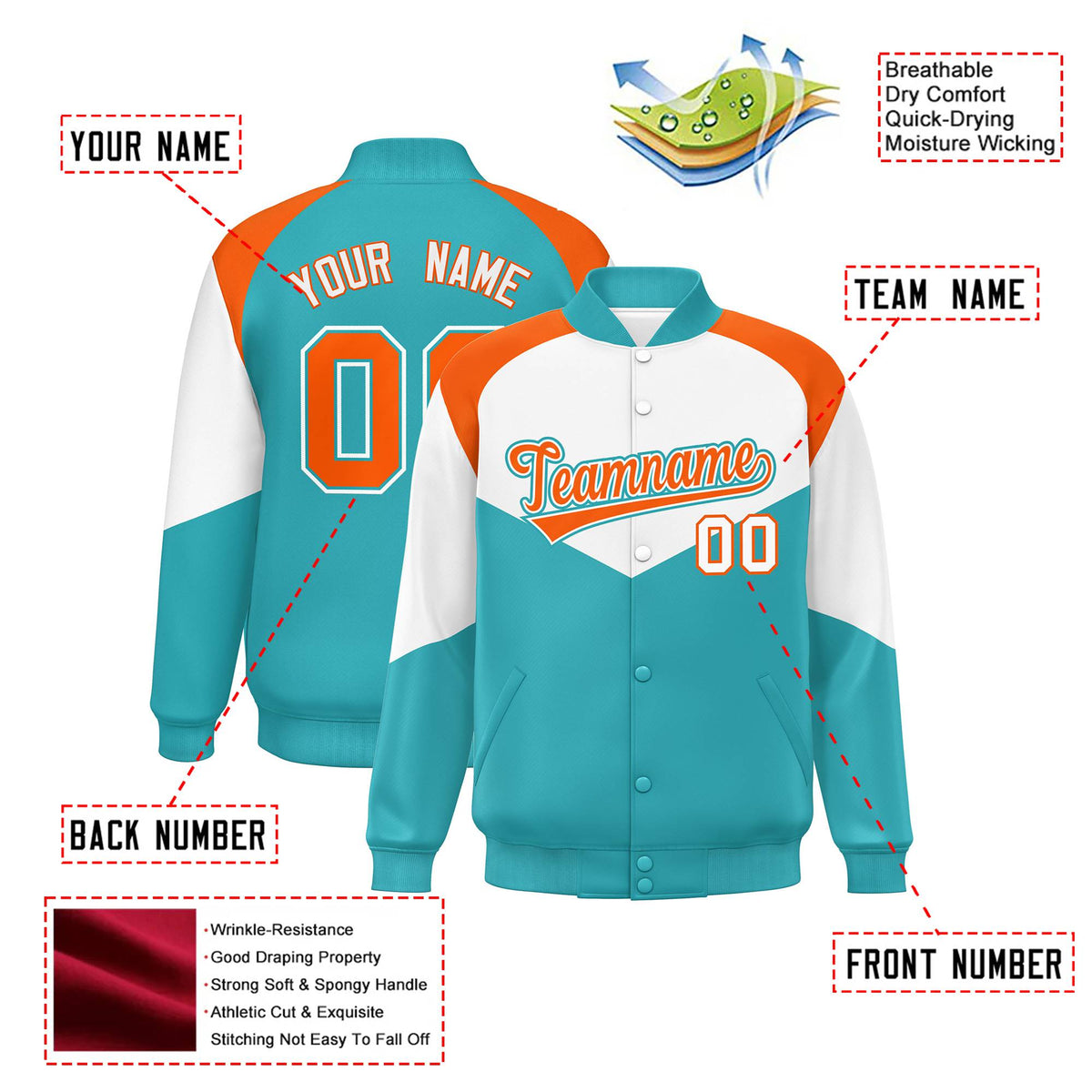 Custom White Aqua-Orange Varsity Full-Snap Color Block Letterman Jacket