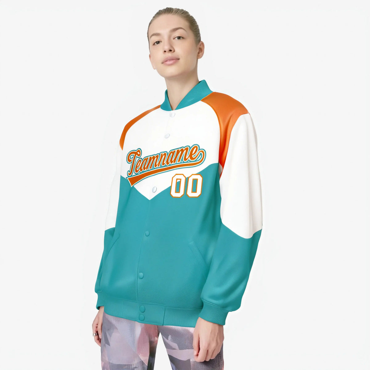 Custom White Aqua-Orange Varsity Full-Snap Color Block Letterman Jacket