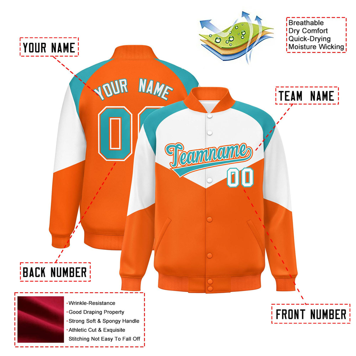 Custom White Orange-Aqua Varsity Full-Snap Color Block Letterman Jacket