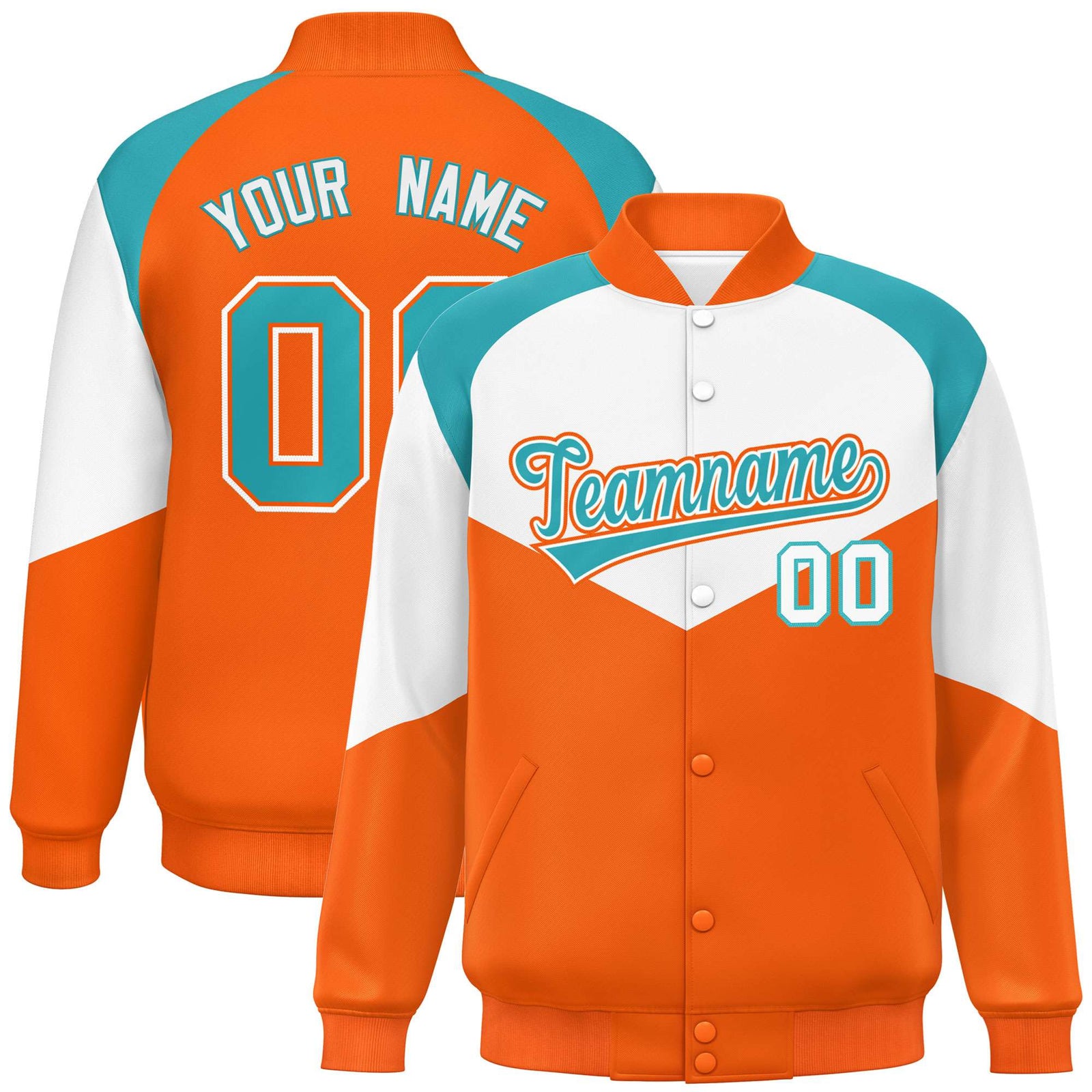 Custom White Orange-Aqua Varsity Full-Snap Color Block Letterman Jacket