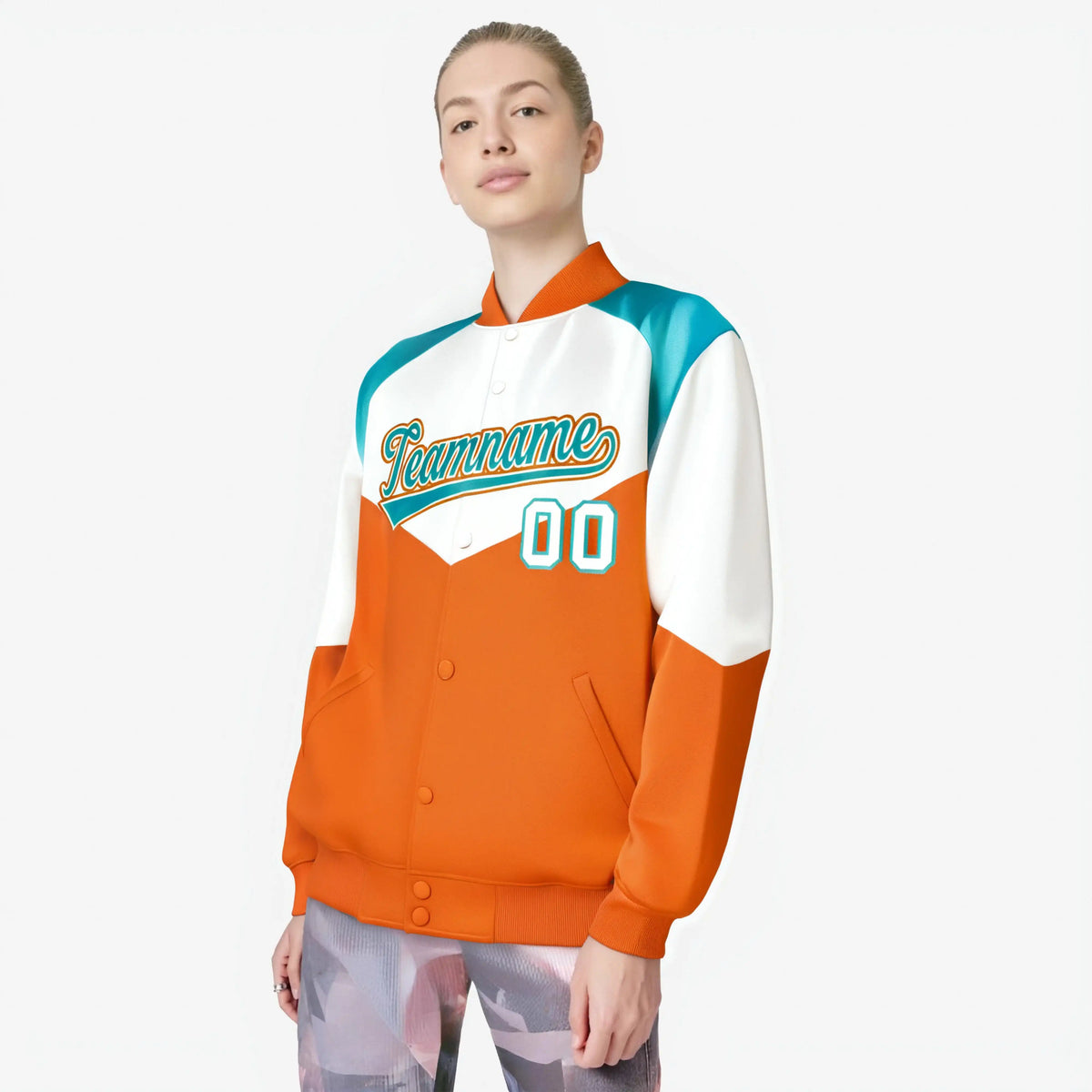 Custom White Orange-Aqua Varsity Full-Snap Color Block Letterman Jacket