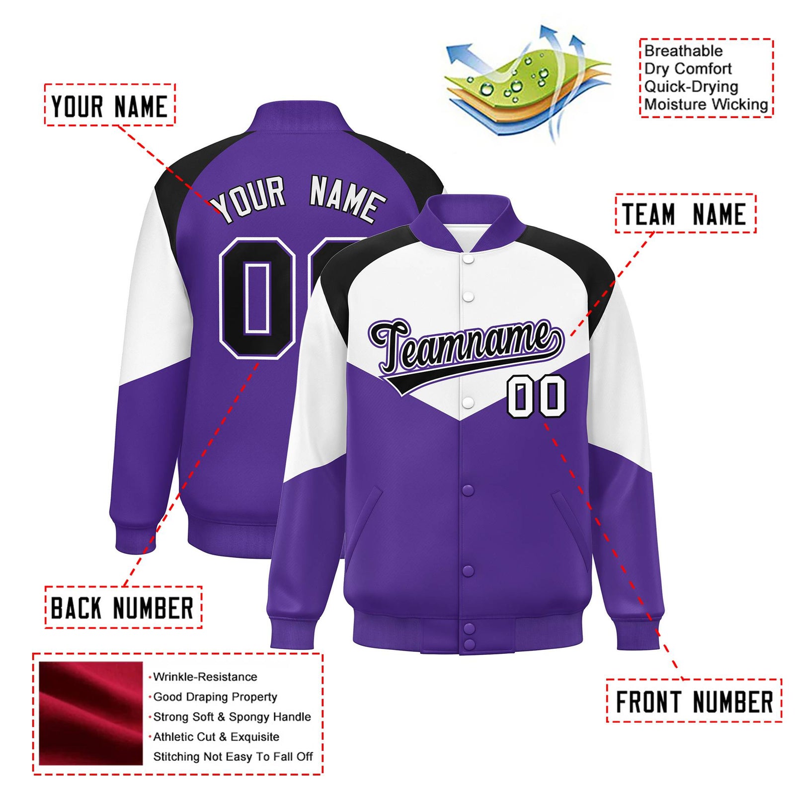 Custom White Purple-Black Varsity Full-Snap Color Block Letterman Jacket