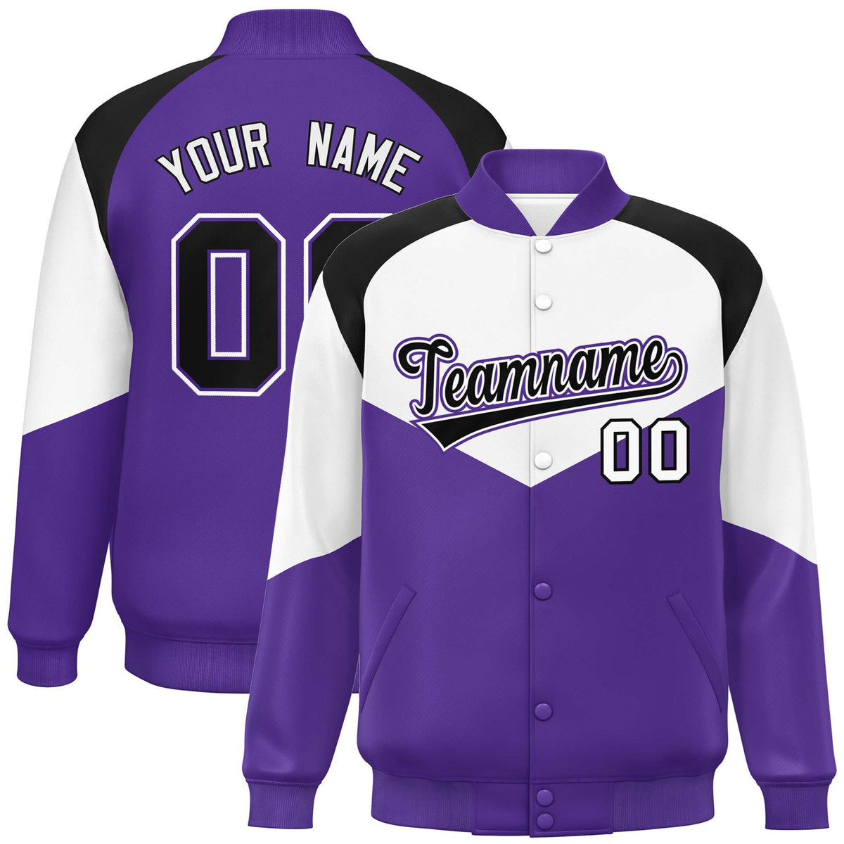 Custom White Purple-Black Varsity Full-Snap Color Block Letterman Jacket