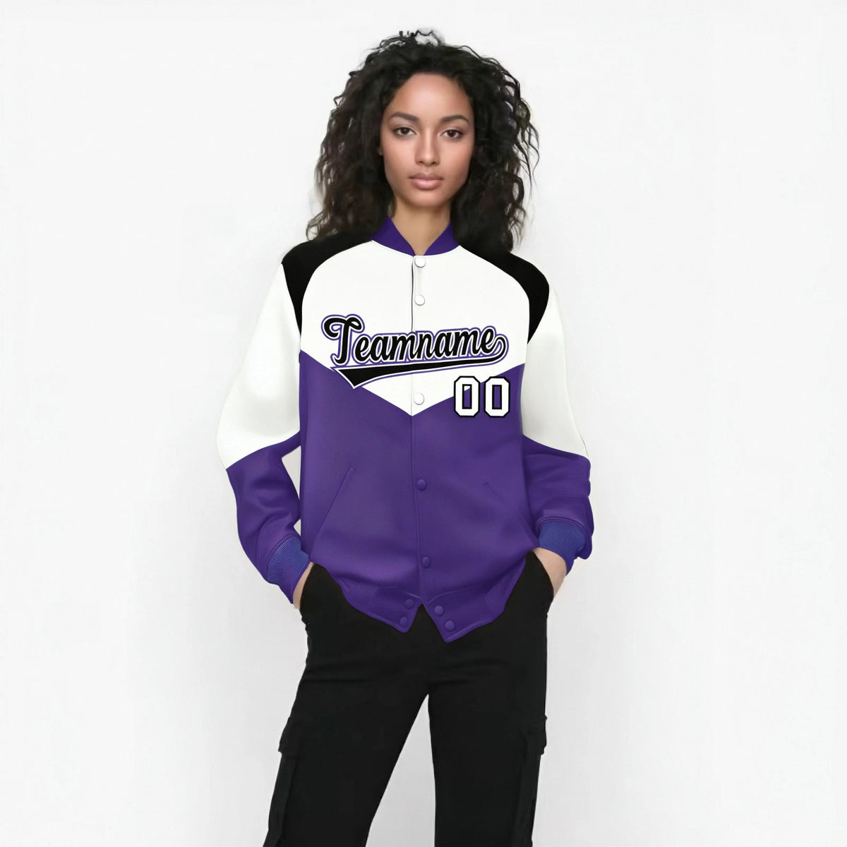 Custom White Purple-Black Varsity Full-Snap Color Block Letterman Jacket