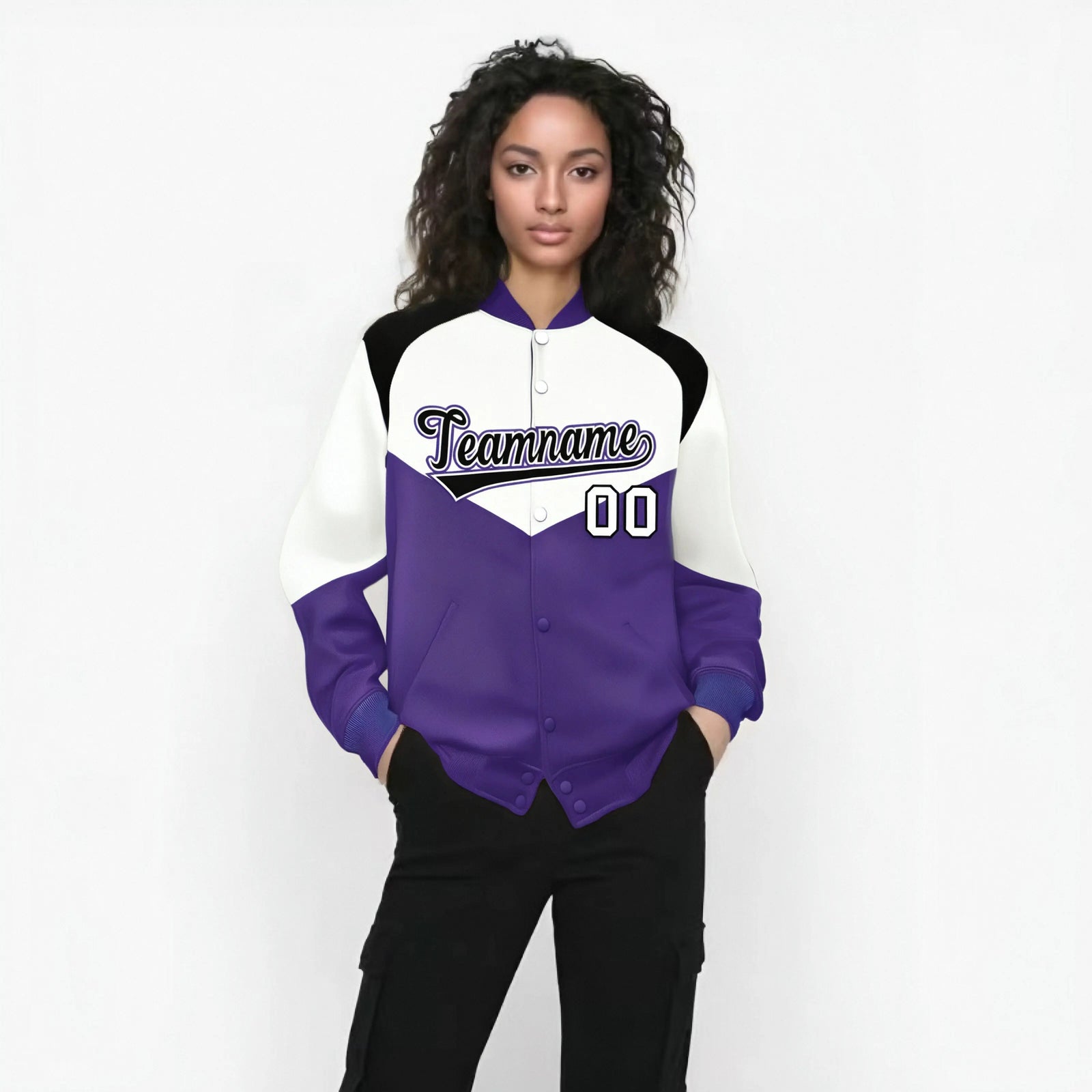 Custom White Purple-Black Varsity Full-Snap Color Block Letterman Jacket