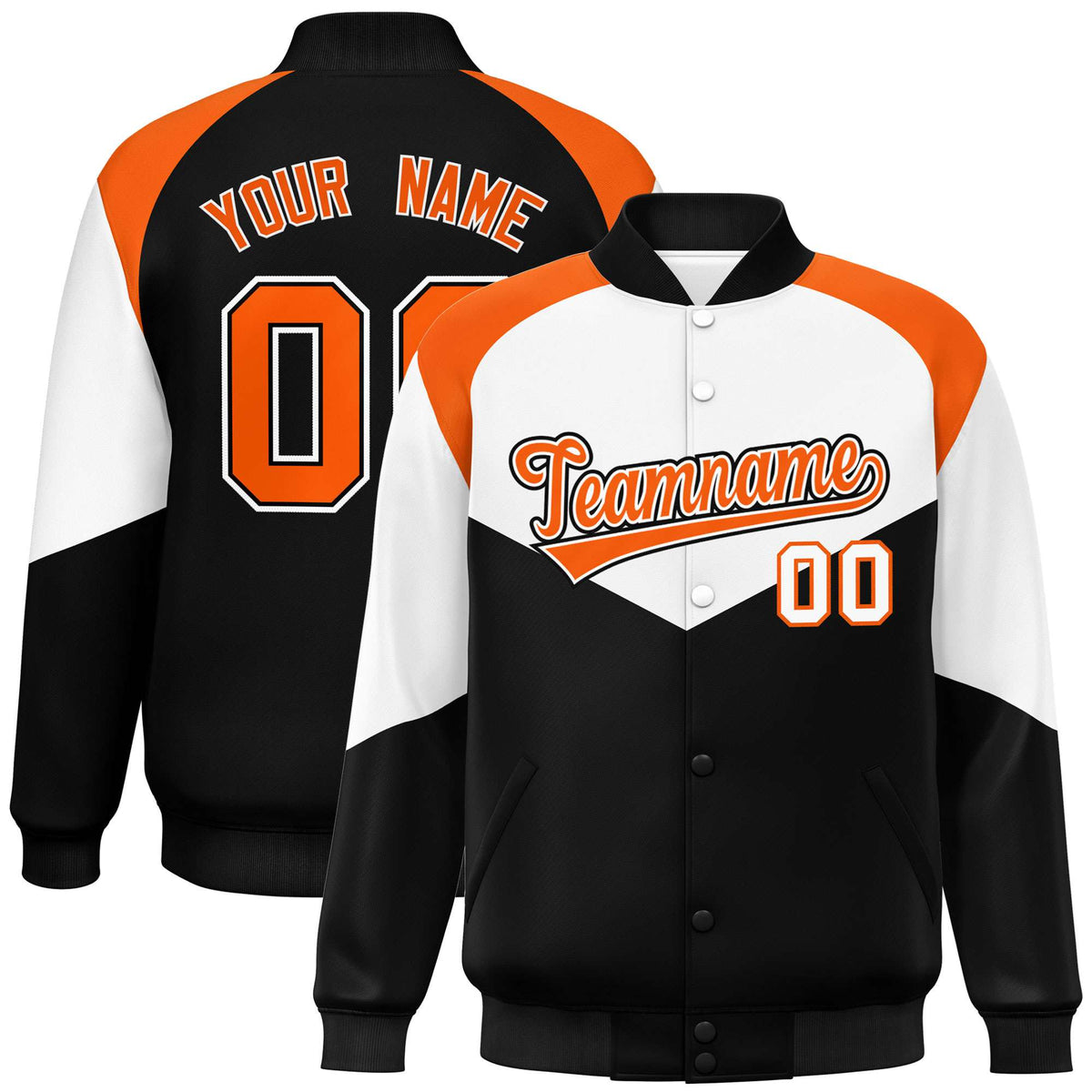 Custom White Black-Orange Varsity Full-Snap Color Block Letterman Jacket