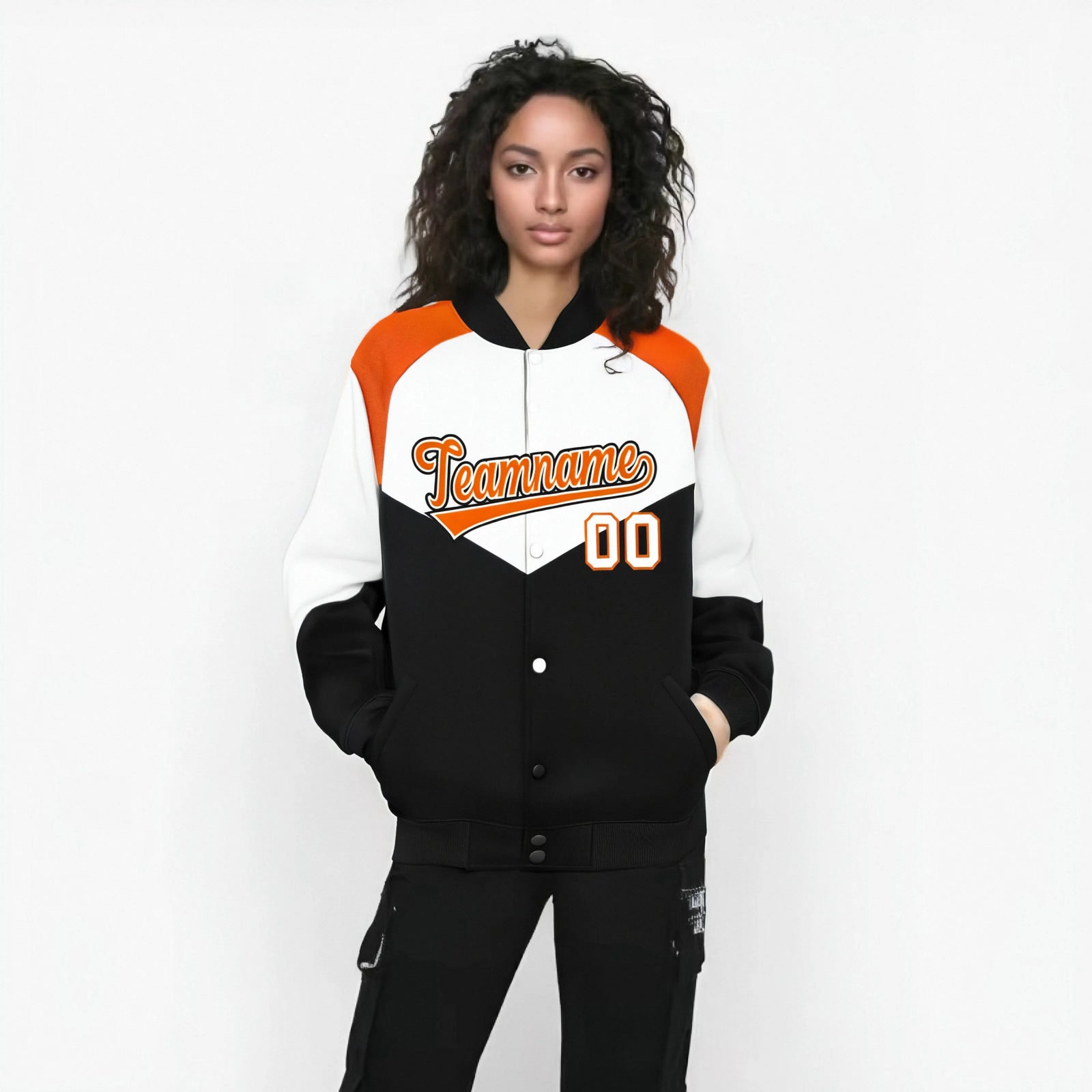 Custom White Black-Orange Varsity Full-Snap Color Block Letterman Jacket