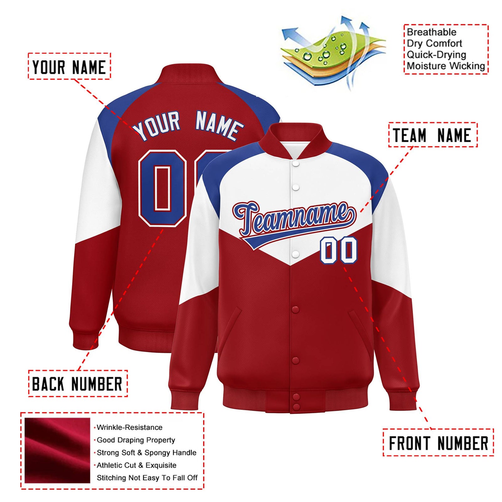Custom White Red-Royal Blue Varsity Full-Snap Color Block Letterman Jacket