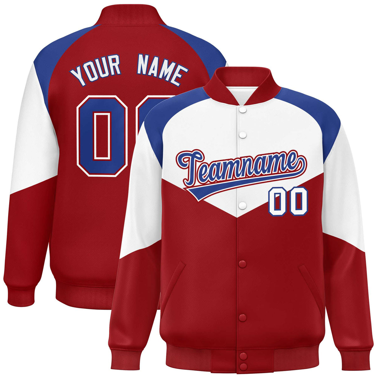 Custom White Red-Royal Blue Varsity Full-Snap Color Block Letterman Jacket