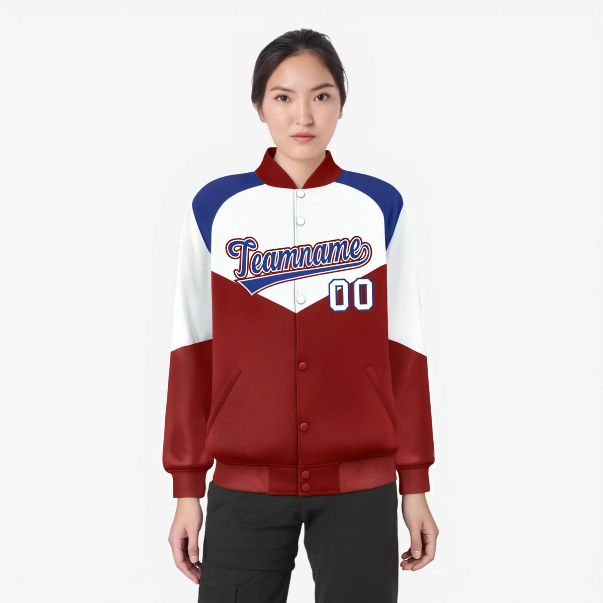 Custom White Red-Royal Blue Varsity Full-Snap Color Block Letterman Jacket