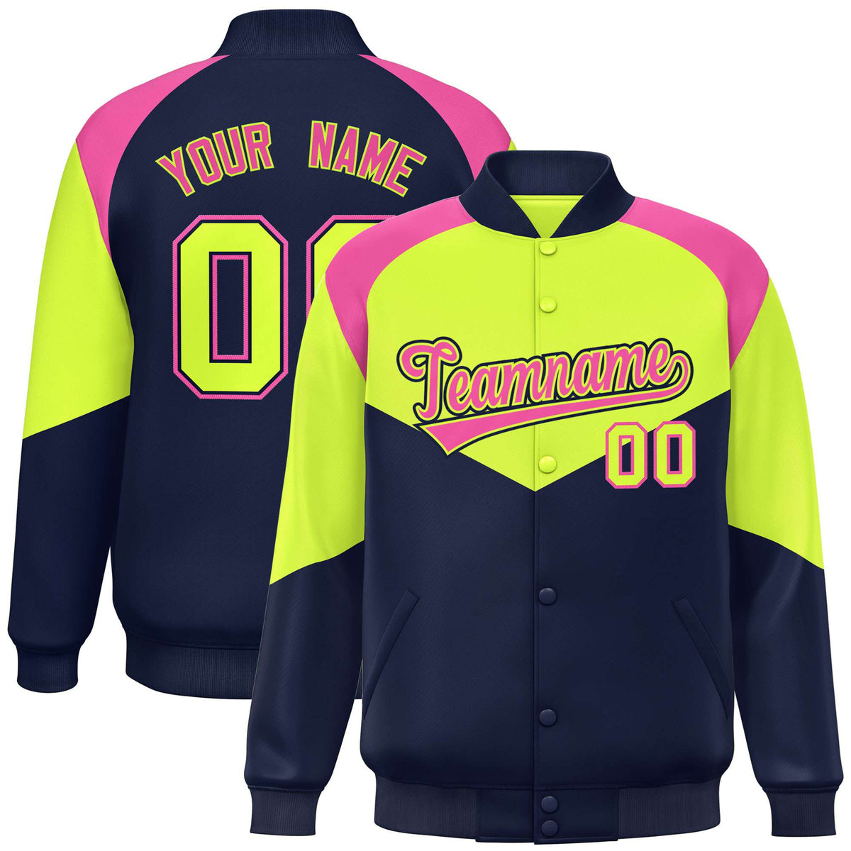 Custom Fluorescent Green Navy-Pink Varsity Full-Snap Color Block Letterman Jacket