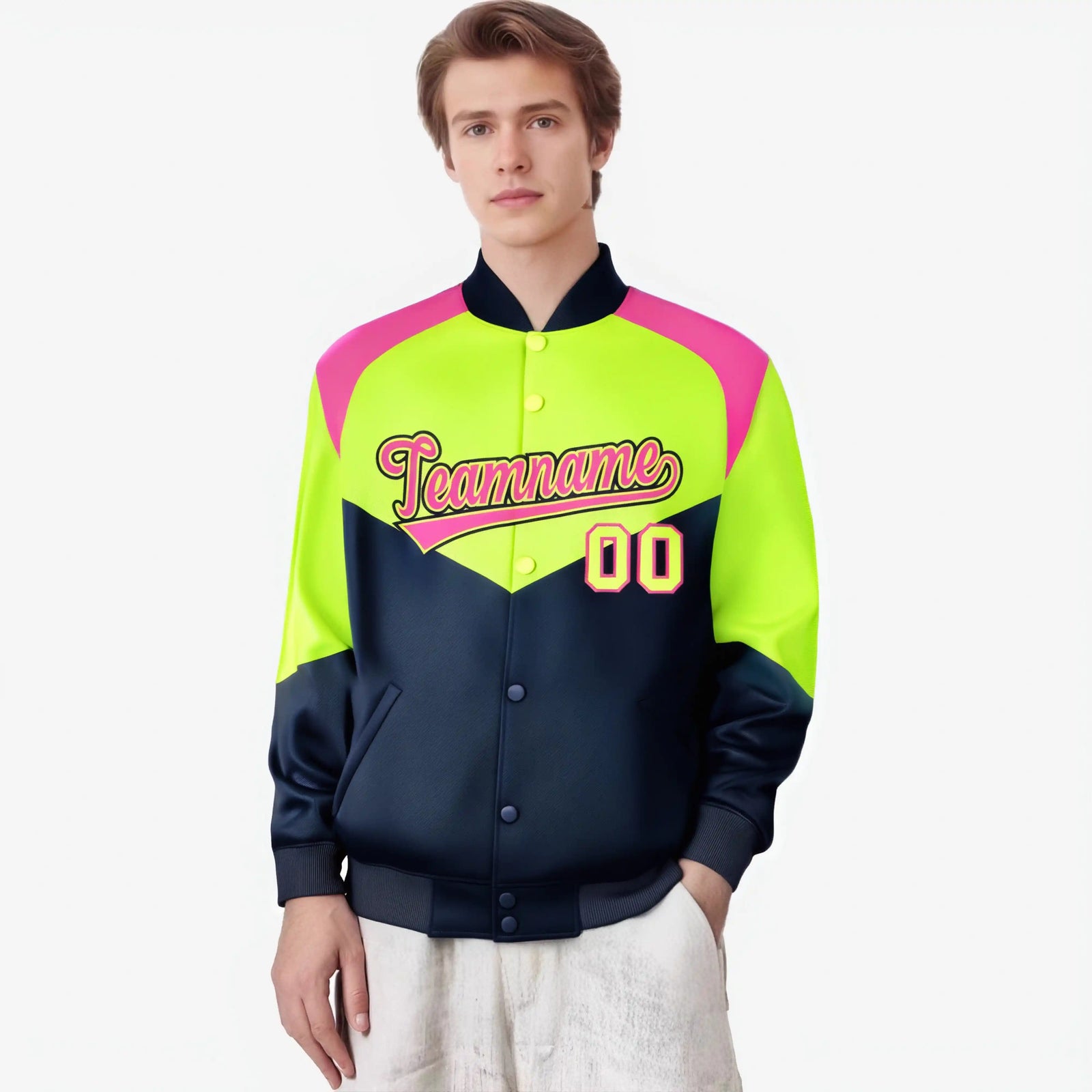 Custom Fluorescent Green Navy-Pink Varsity Full-Snap Color Block Letterman Jacket