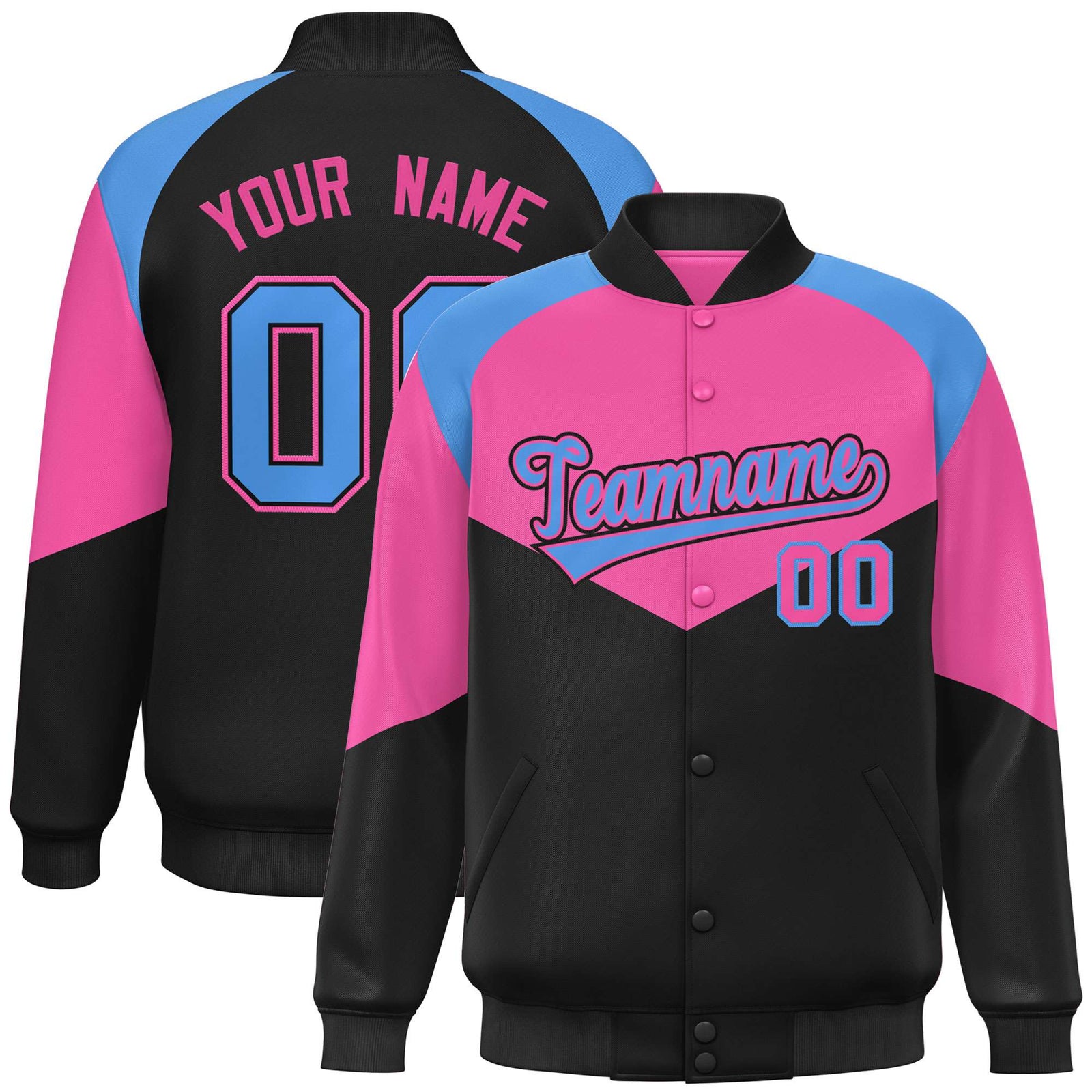Custom Pink Black-Powder Blue Varsity Full-Snap Color Block Letterman Jacket