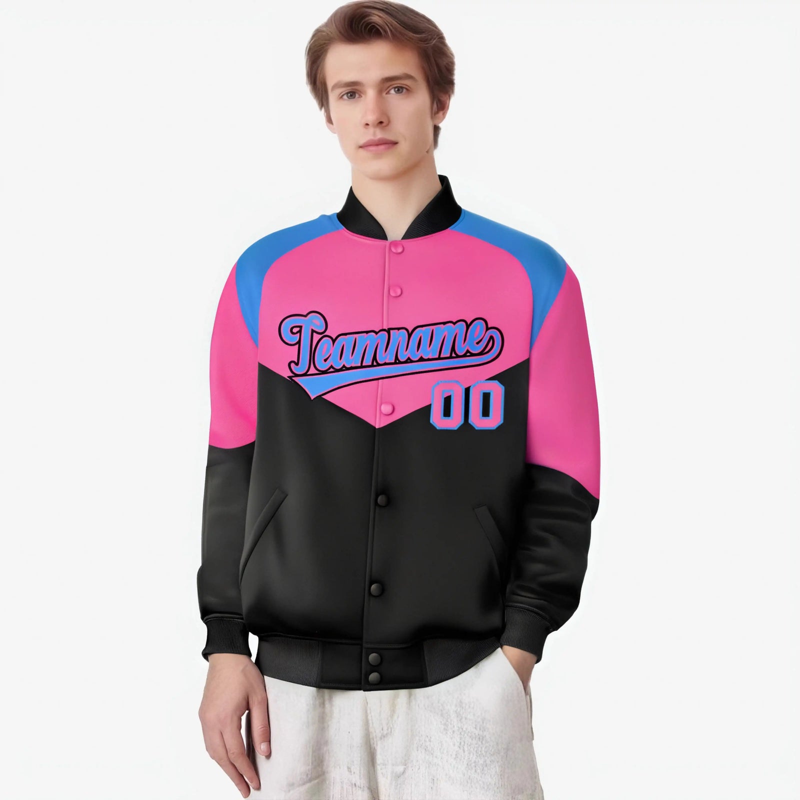 Custom Pink Black-Powder Blue Varsity Full-Snap Color Block Letterman Jacket