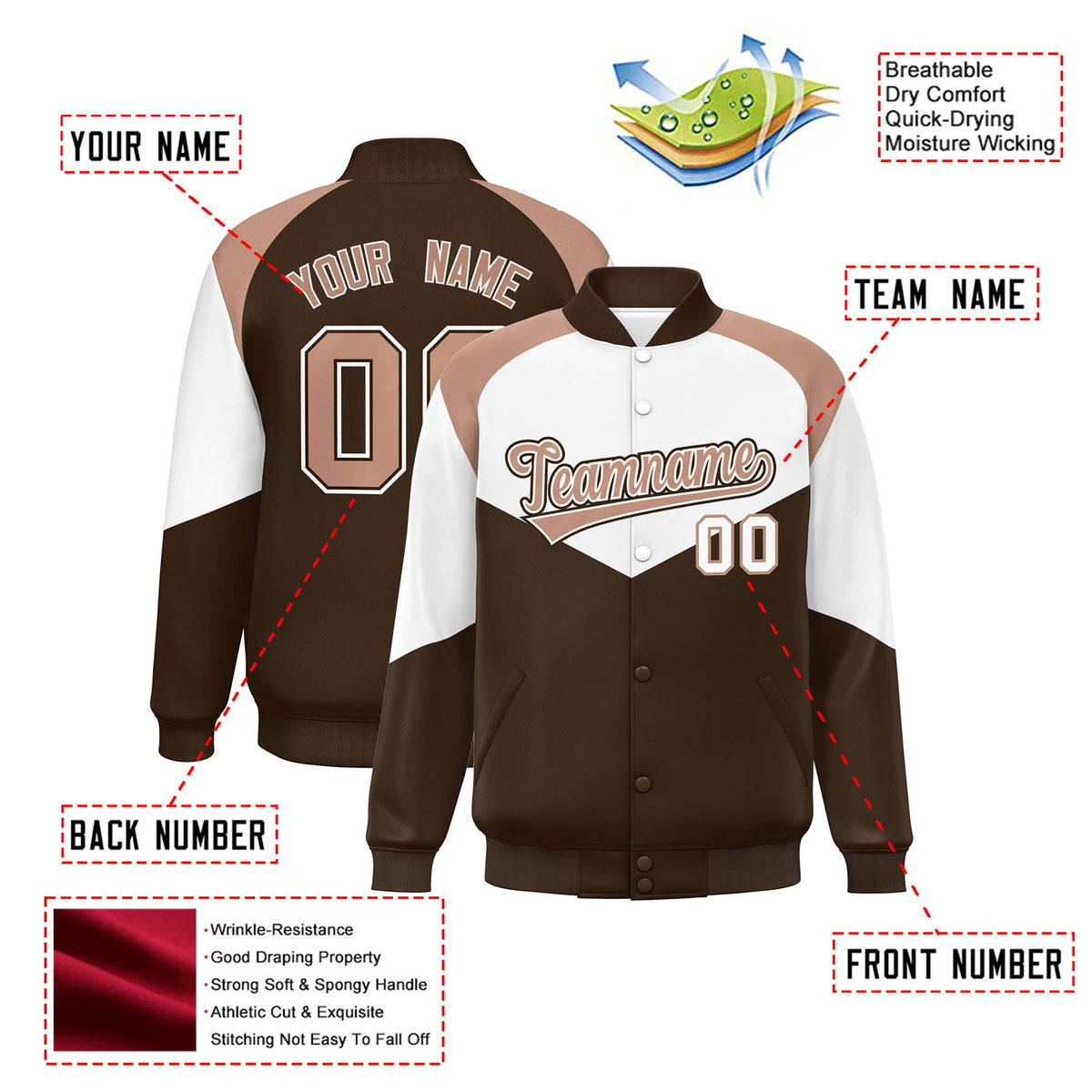Custom White Brown-Light Brown Varsity Full-Snap Color Block Letterman Jacket