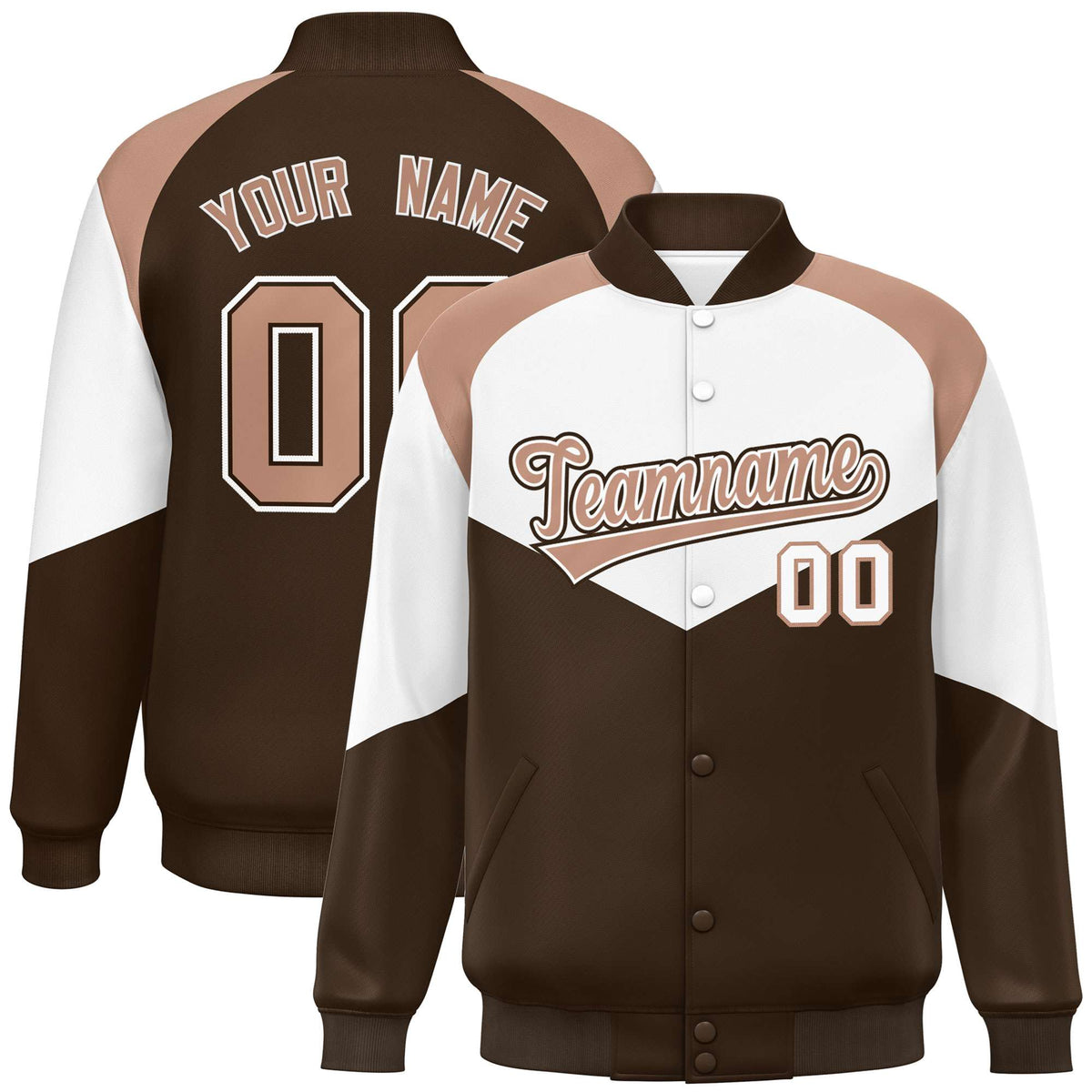 Custom White Brown-Light Brown Varsity Full-Snap Color Block Letterman Jacket