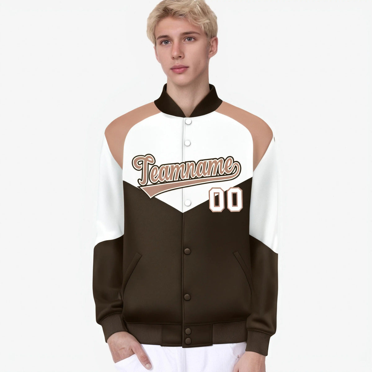 Custom White Brown-Light Brown Varsity Full-Snap Color Block Letterman Jacket