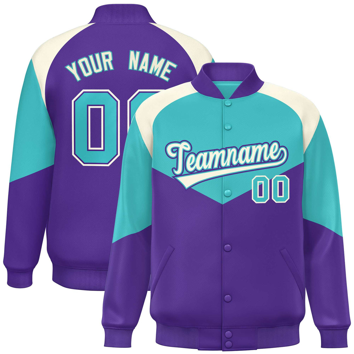 Custom Aqua Purple-Cream Varsity Full-Snap Color Block Letterman Jacket