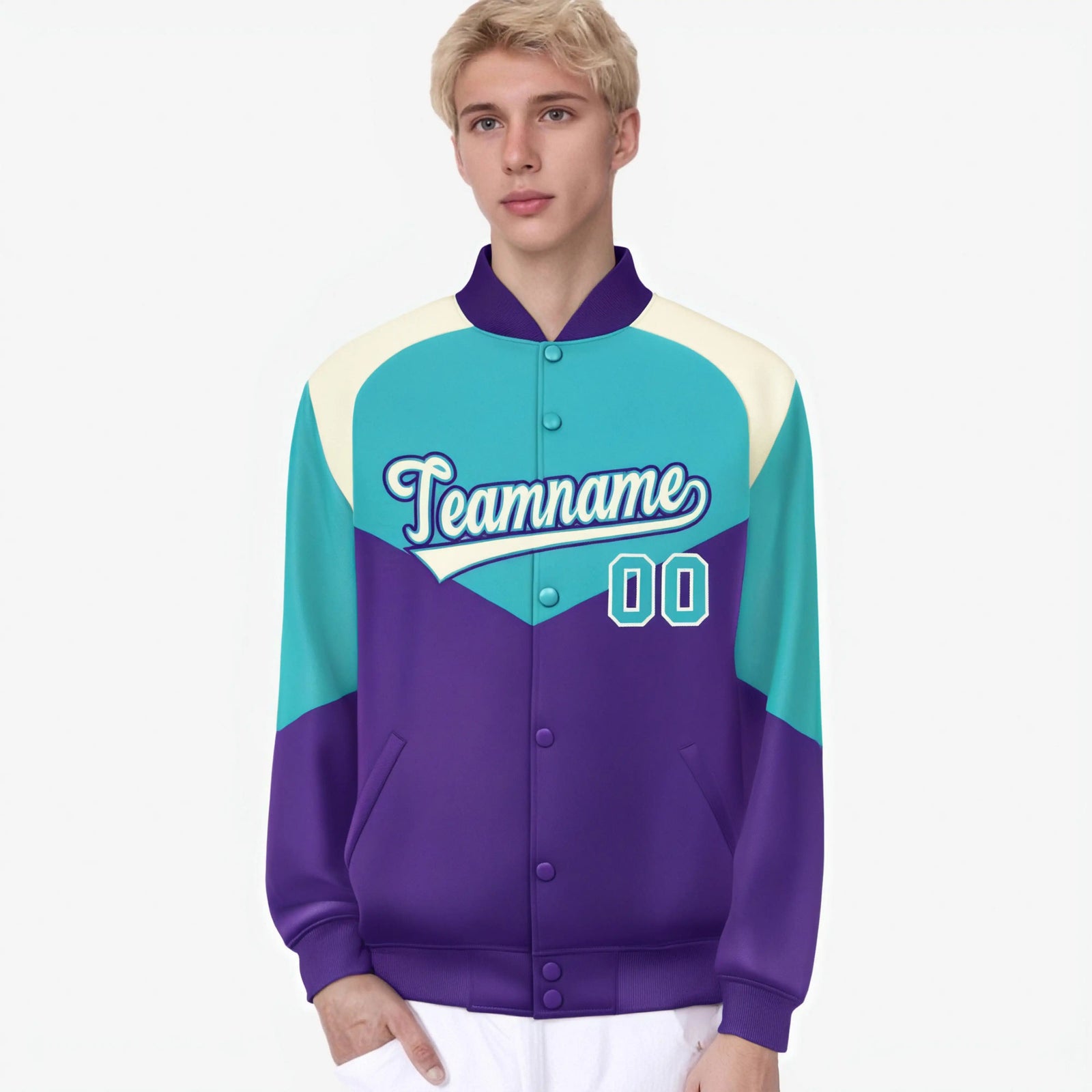Custom Aqua Purple-Cream Varsity Full-Snap Color Block Letterman Jacket