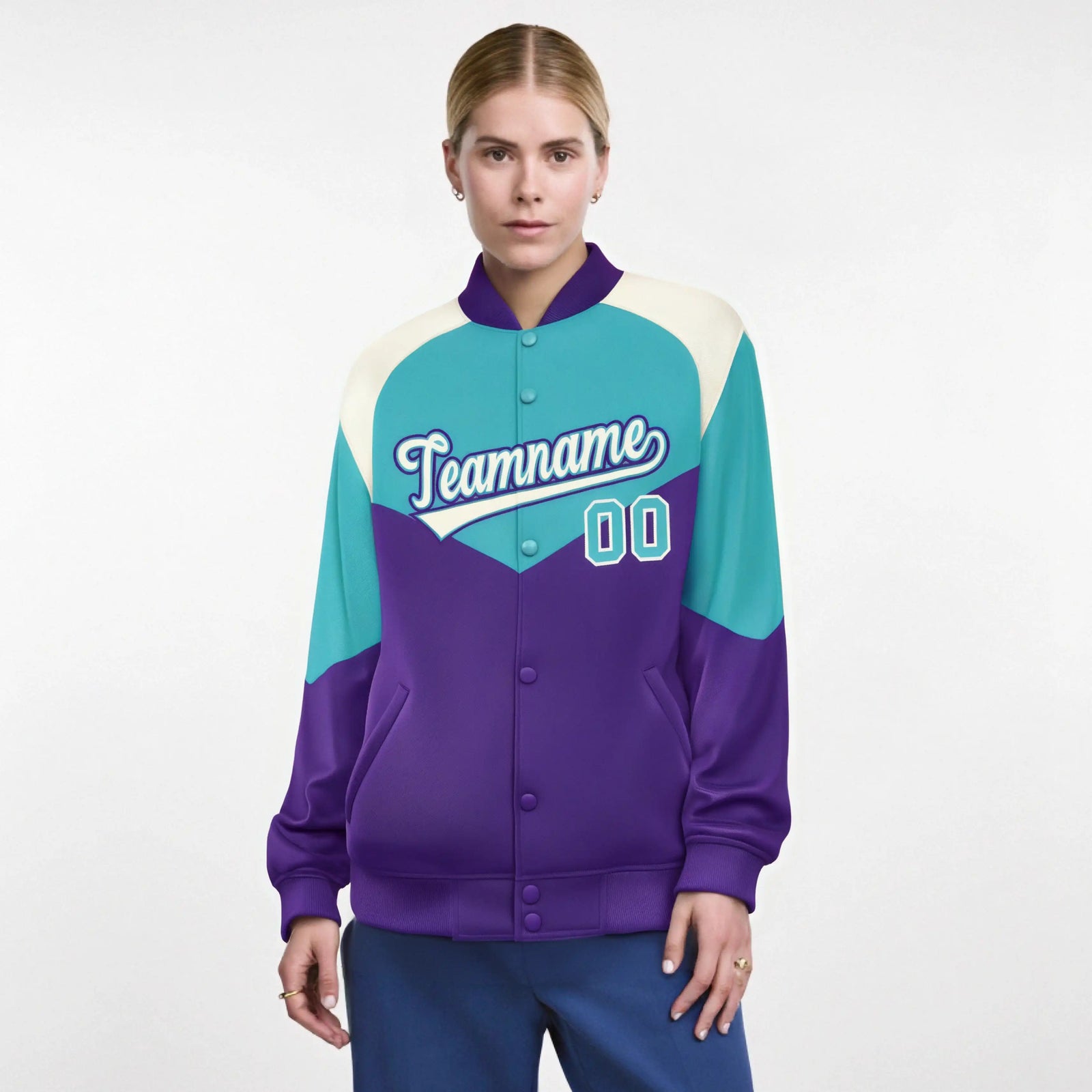 Custom Aqua Purple-Cream Varsity Full-Snap Color Block Letterman Jacket
