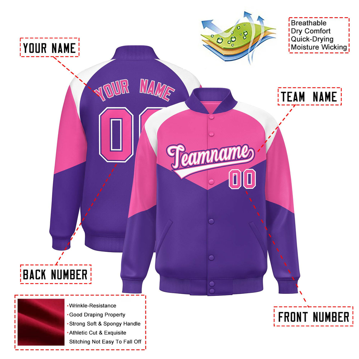 Custom Pink Purple-White Varsity Full-Snap Color Block Letterman Jacket
