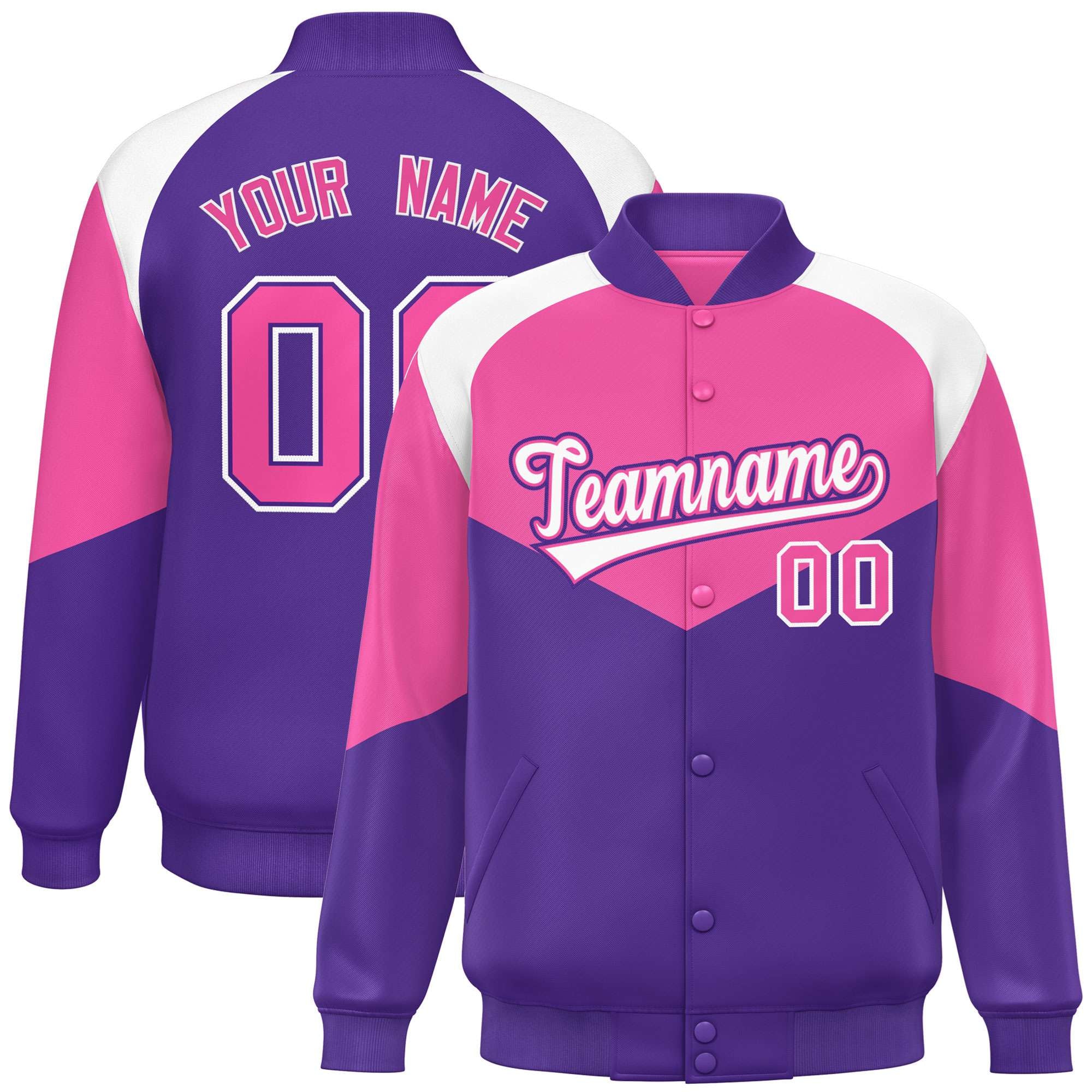 Custom Pink Purple-White Varsity Full-Snap Color Block Letterman Jacket