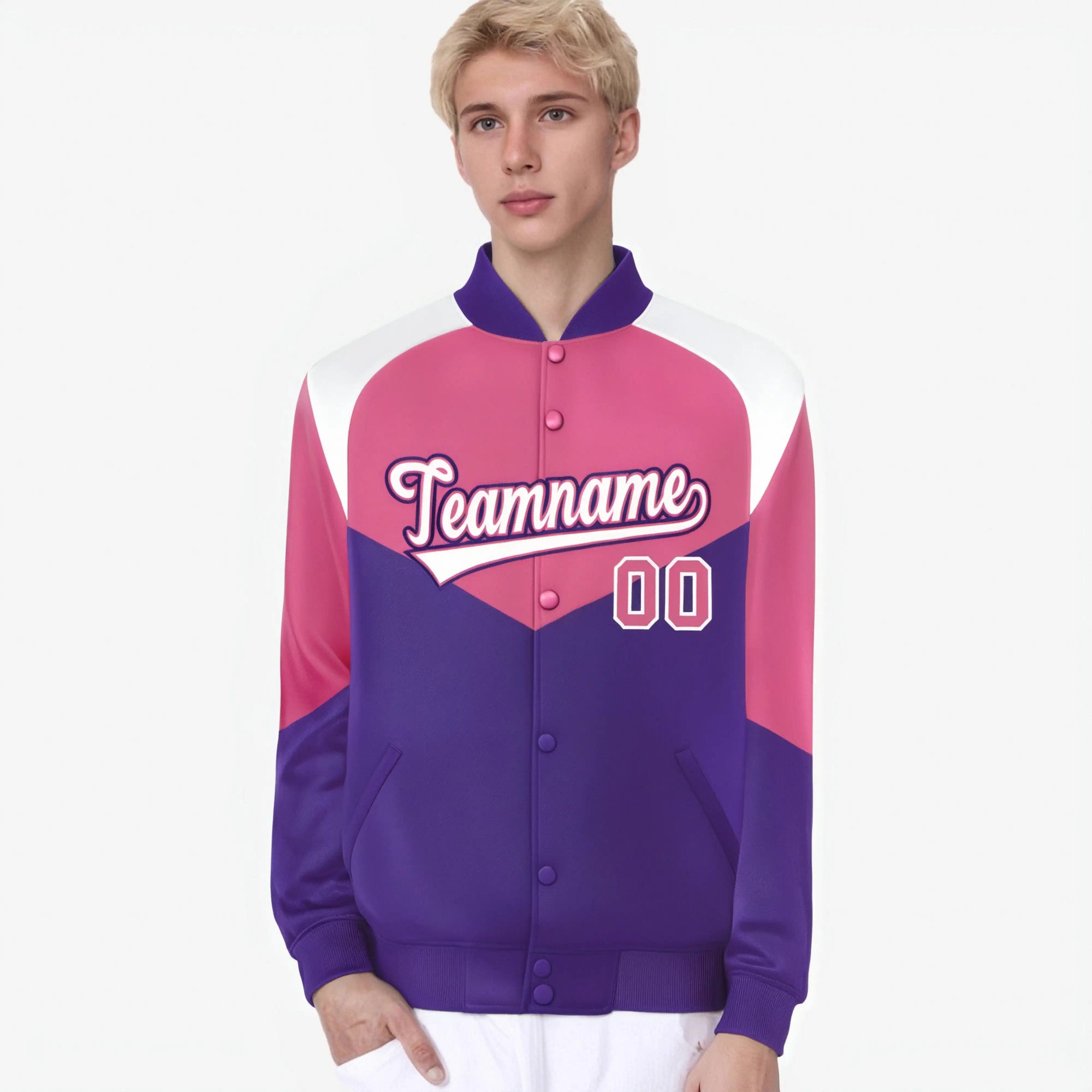 Custom Pink Purple-White Varsity Full-Snap Color Block Letterman Jacket