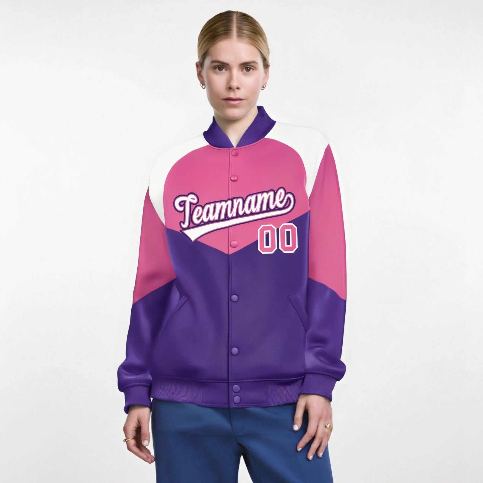 Custom Pink Purple-White Varsity Full-Snap Color Block Letterman Jacket