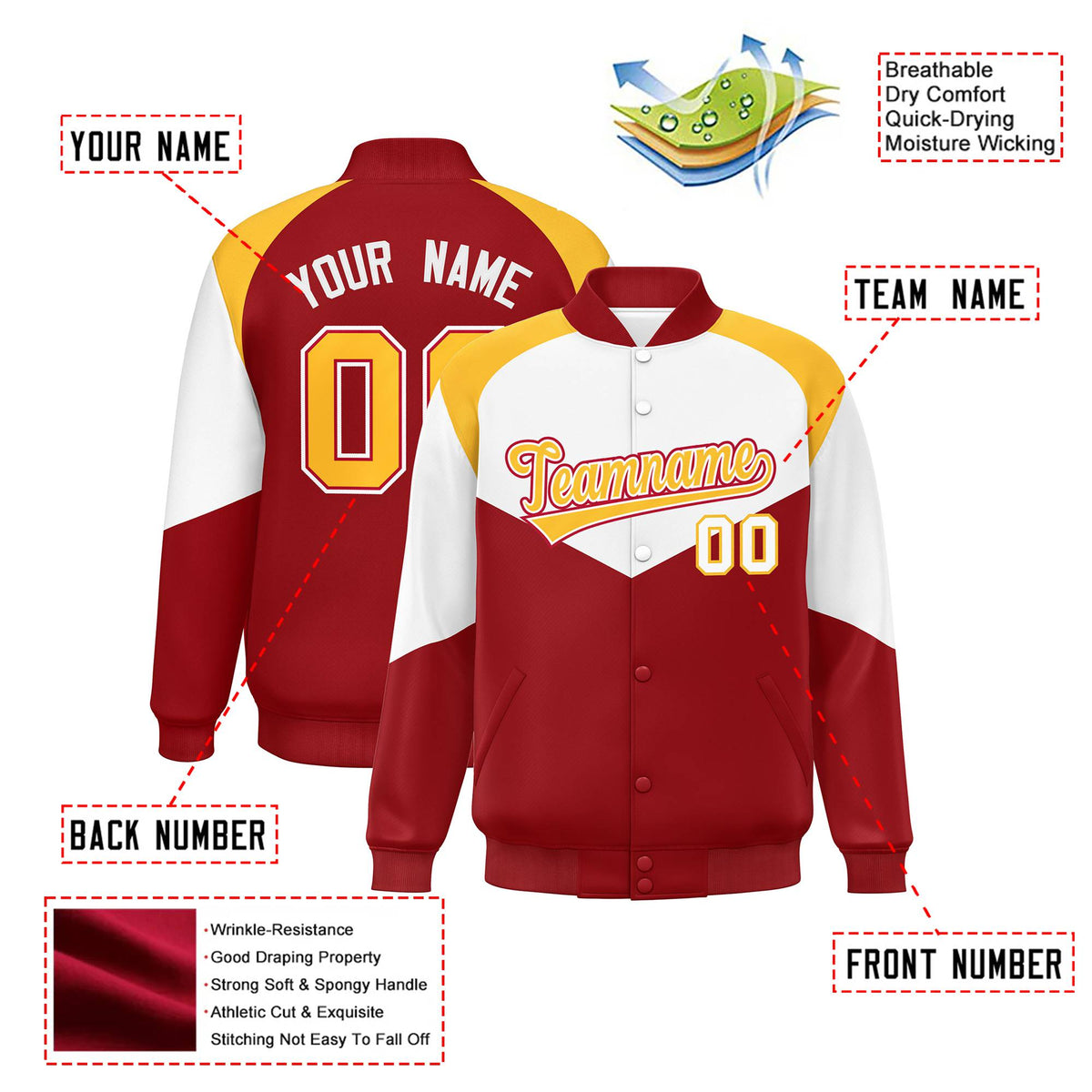 Custom White Red-Gold Varsity Full-Snap Color Block Letterman Jacket