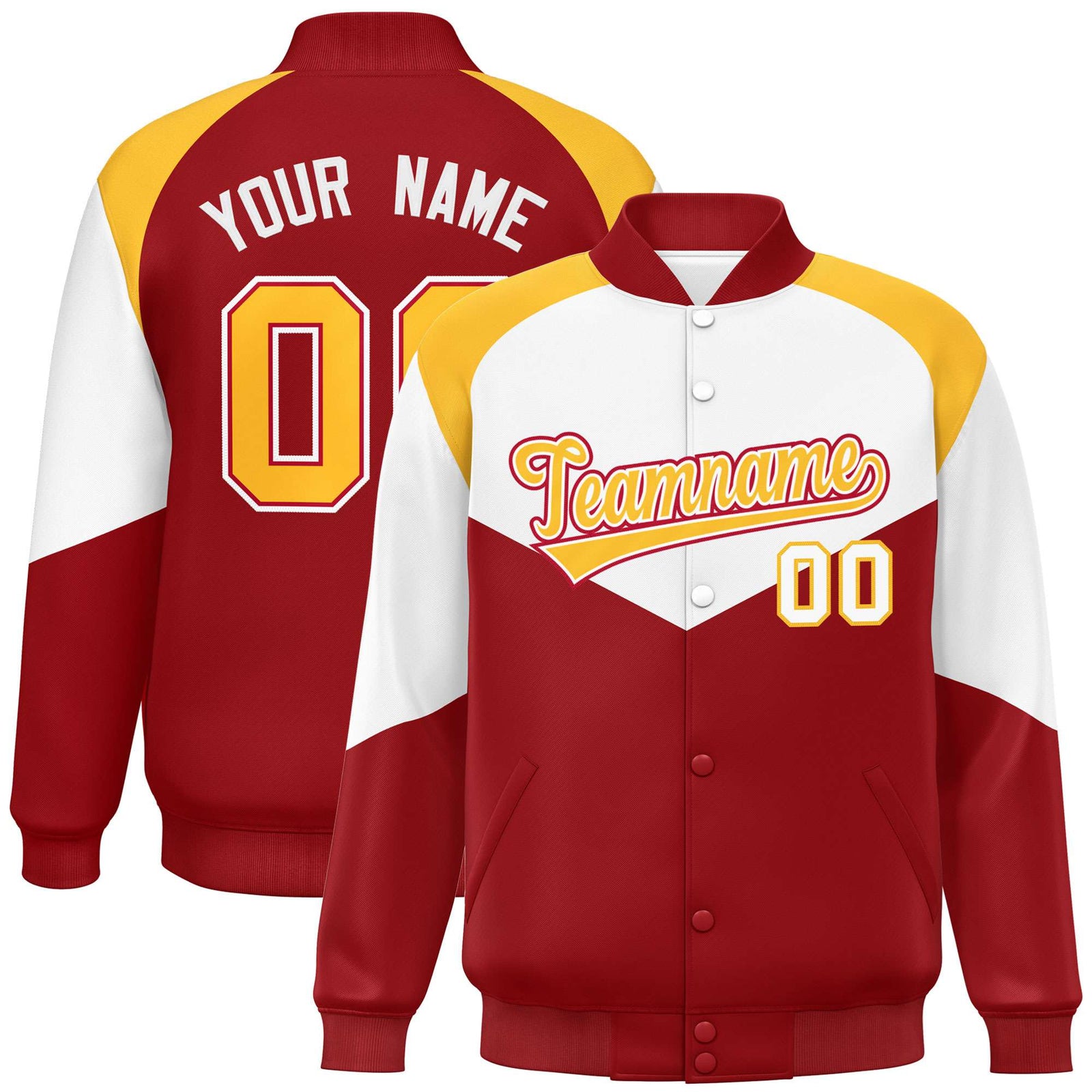 Custom White Red-Gold Varsity Full-Snap Color Block Letterman Jacket