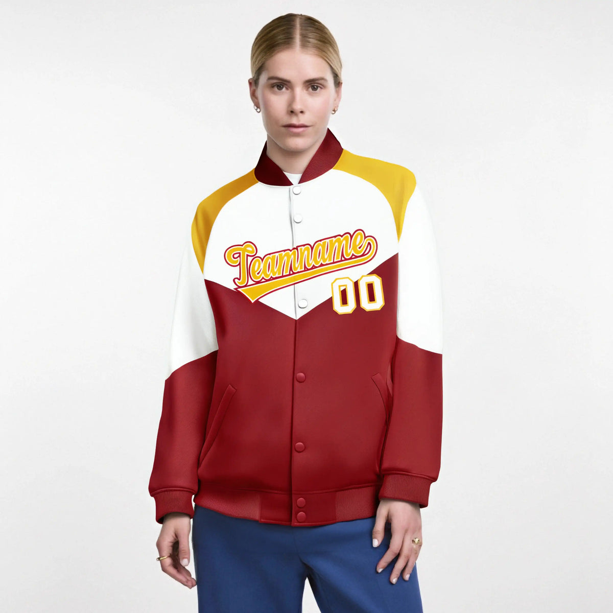 Custom White Red-Gold Varsity Full-Snap Color Block Letterman Jacket