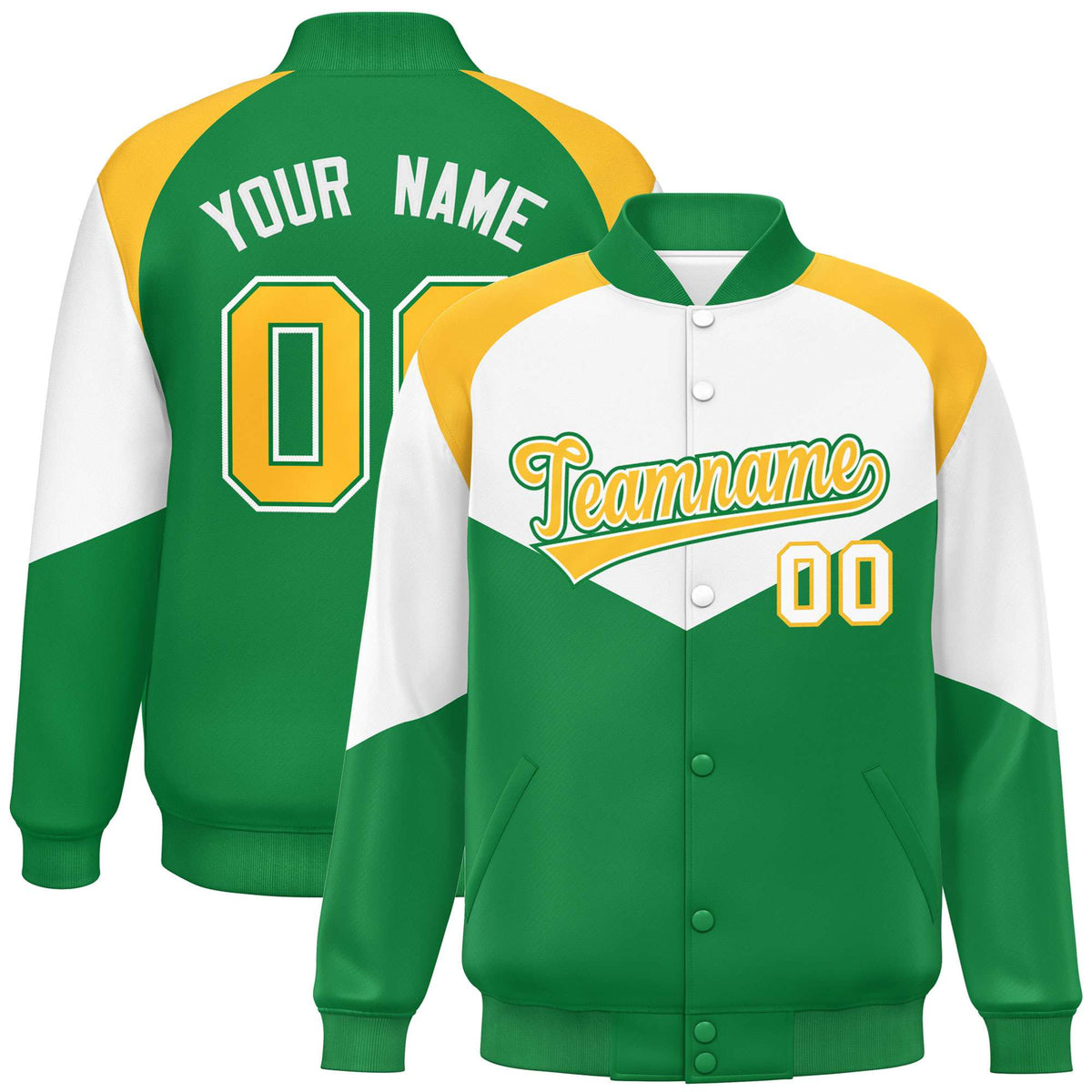 Custom White Kelly Green-Gold Varsity Full-Snap Color Block Letterman Jacket