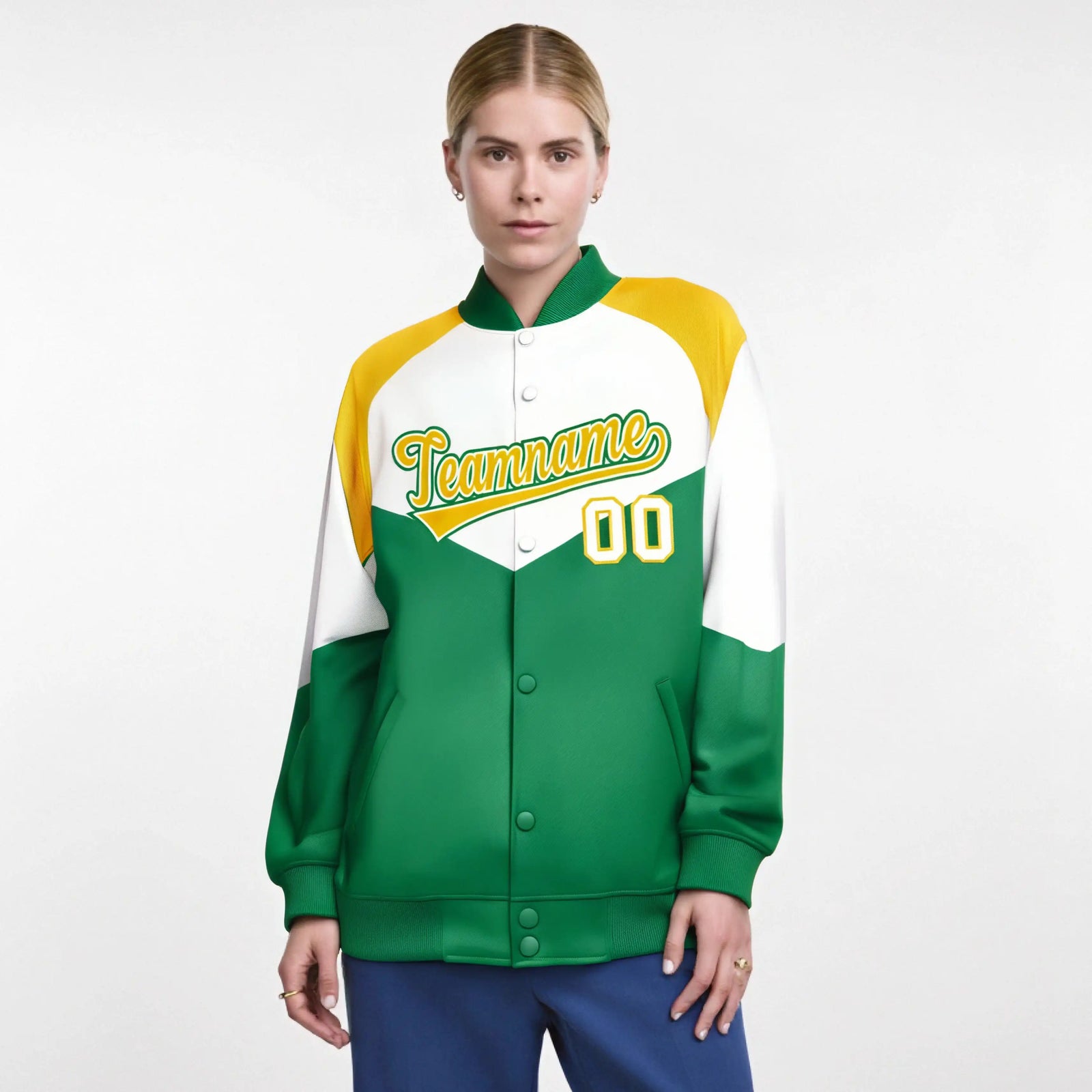 Custom White Kelly Green-Gold Varsity Full-Snap Color Block Letterman Jacket