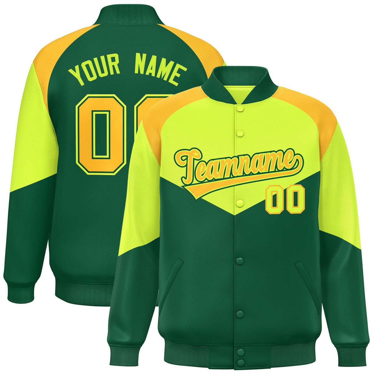 Custom Fluorescent Green Kelly Green-Gold Varsity Full-Snap Color Block Letterman Jacket