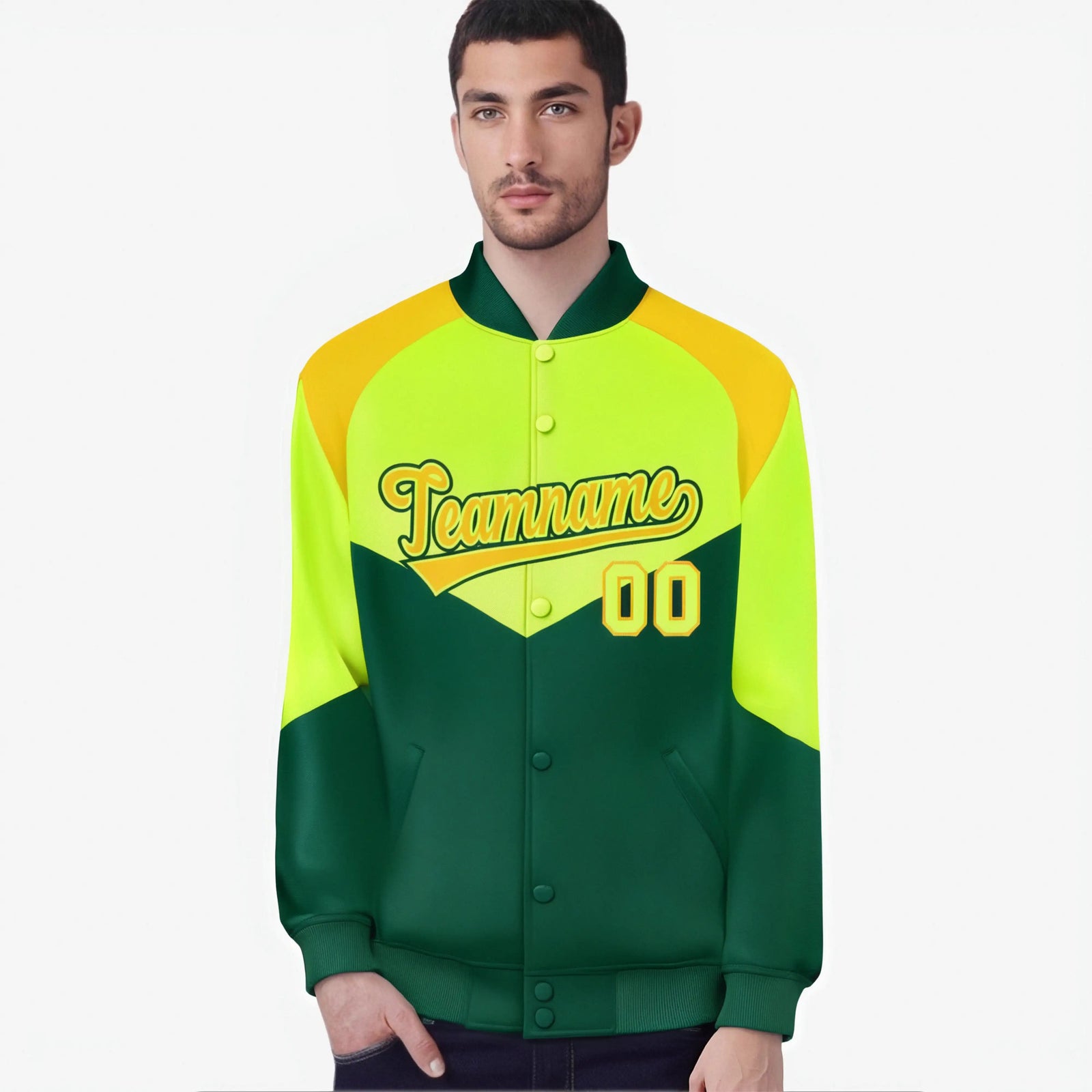 Custom Fluorescent Green Kelly Green-Gold Varsity Full-Snap Color Block Letterman Jacket
