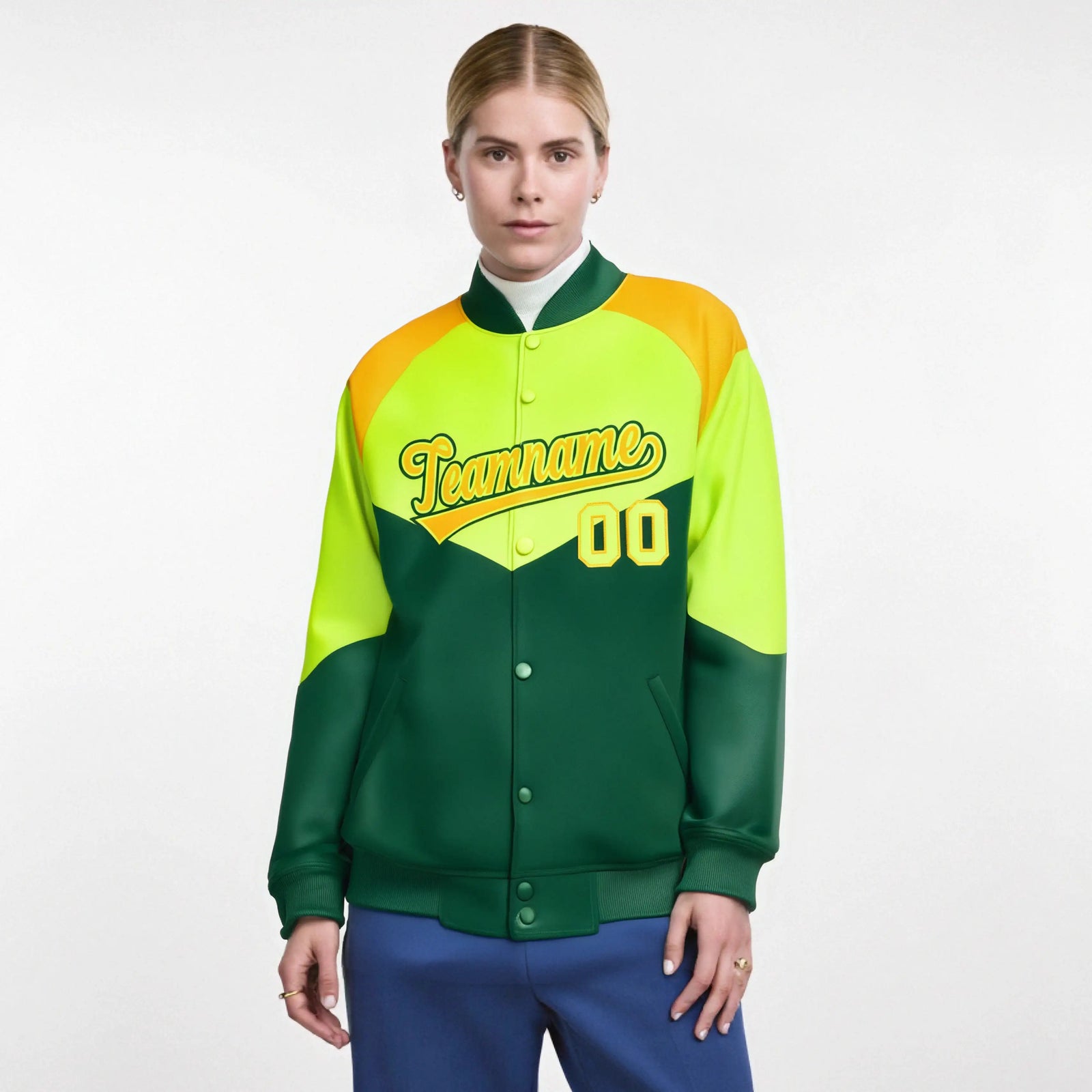 Custom Fluorescent Green Kelly Green-Gold Varsity Full-Snap Color Block Letterman Jacket