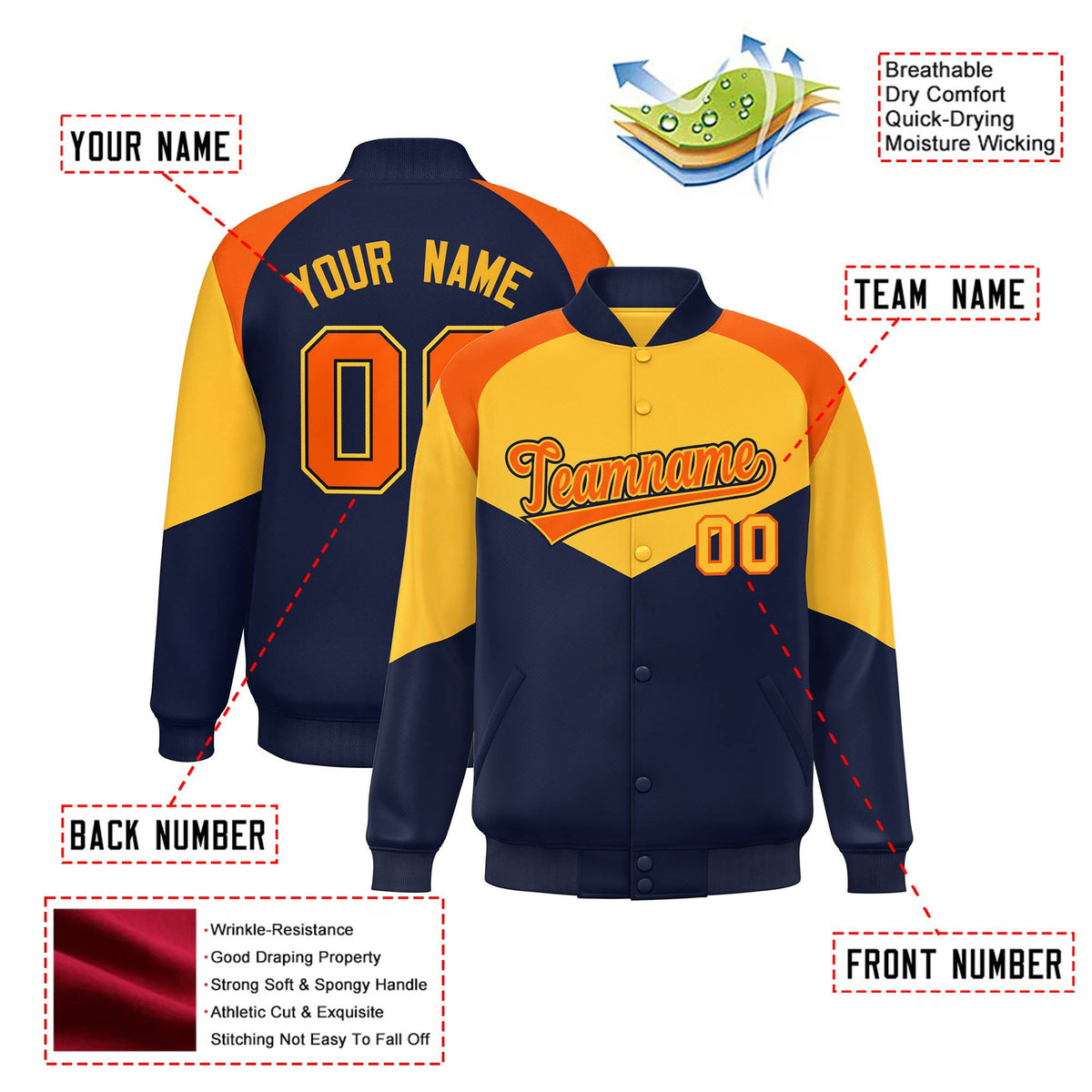 Custom Yellow Navy-Orange Varsity Full-Snap Color Block Letterman Jacket