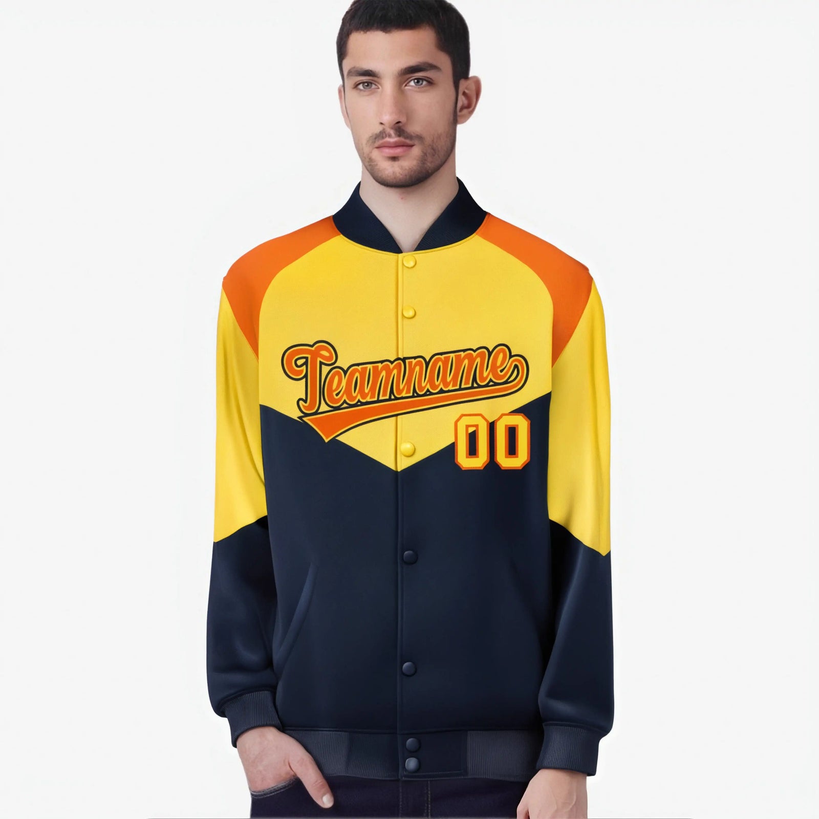 Custom Yellow Navy-Orange Varsity Full-Snap Color Block Letterman Jacket