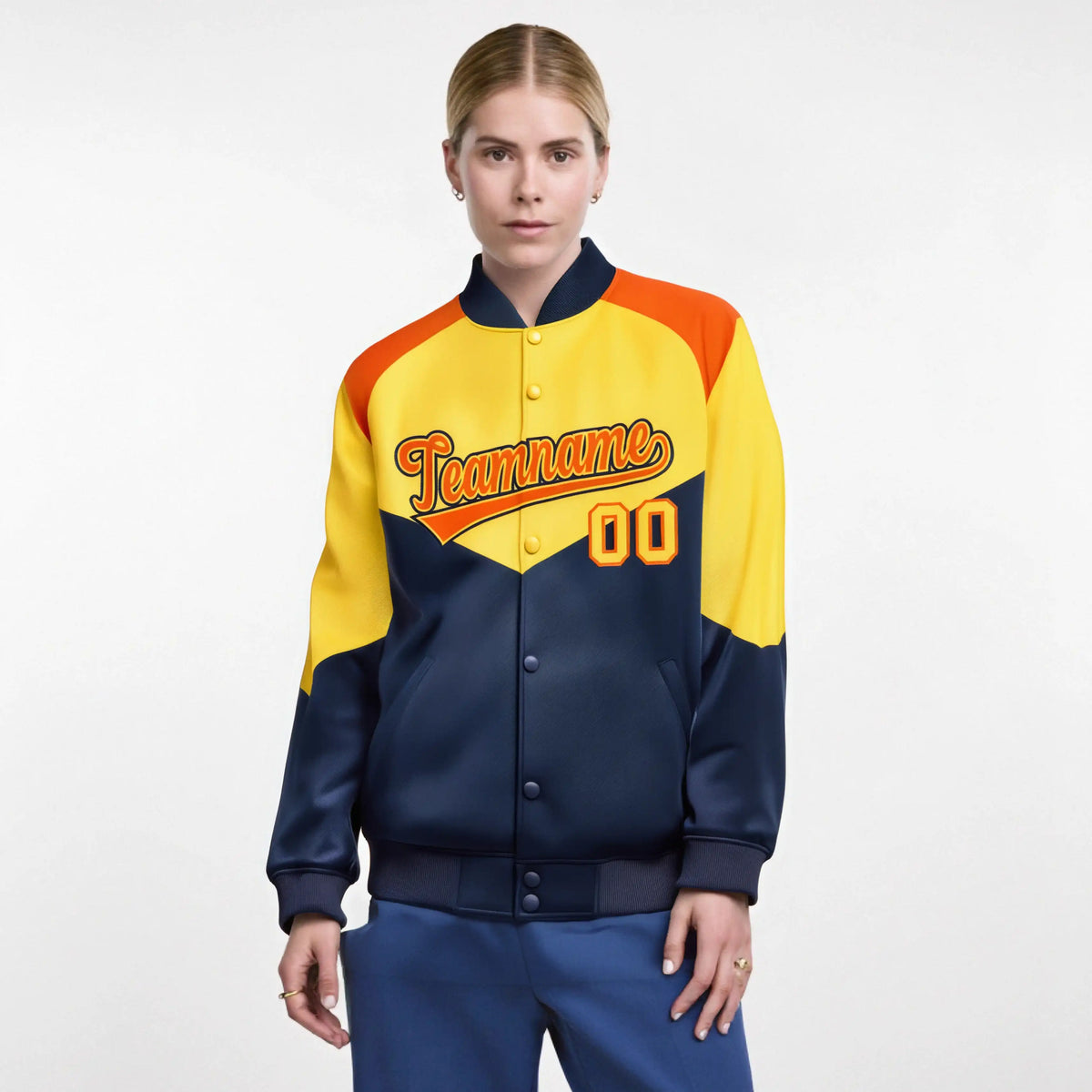Custom Yellow Navy-Orange Varsity Full-Snap Color Block Letterman Jacket