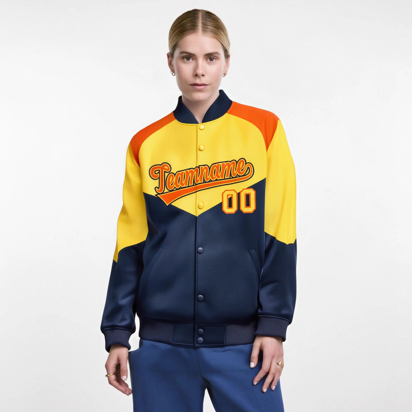 Custom Yellow Navy-Orange Varsity Full-Snap Color Block Letterman Jacket