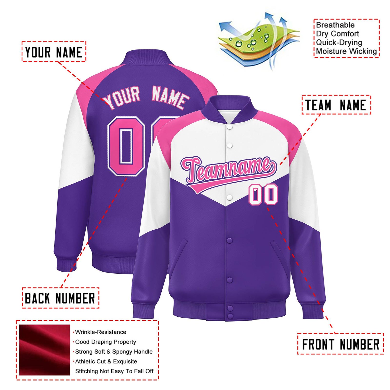 Custom White Purple-Pink Varsity Full-Snap Color Block Letterman Jacket